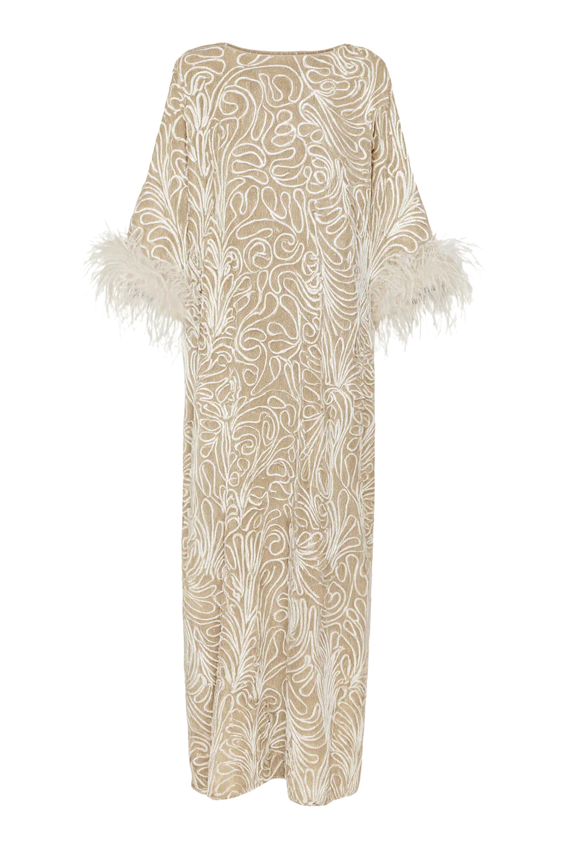 Abstract Embroidery Cocoon Dress with Feathers