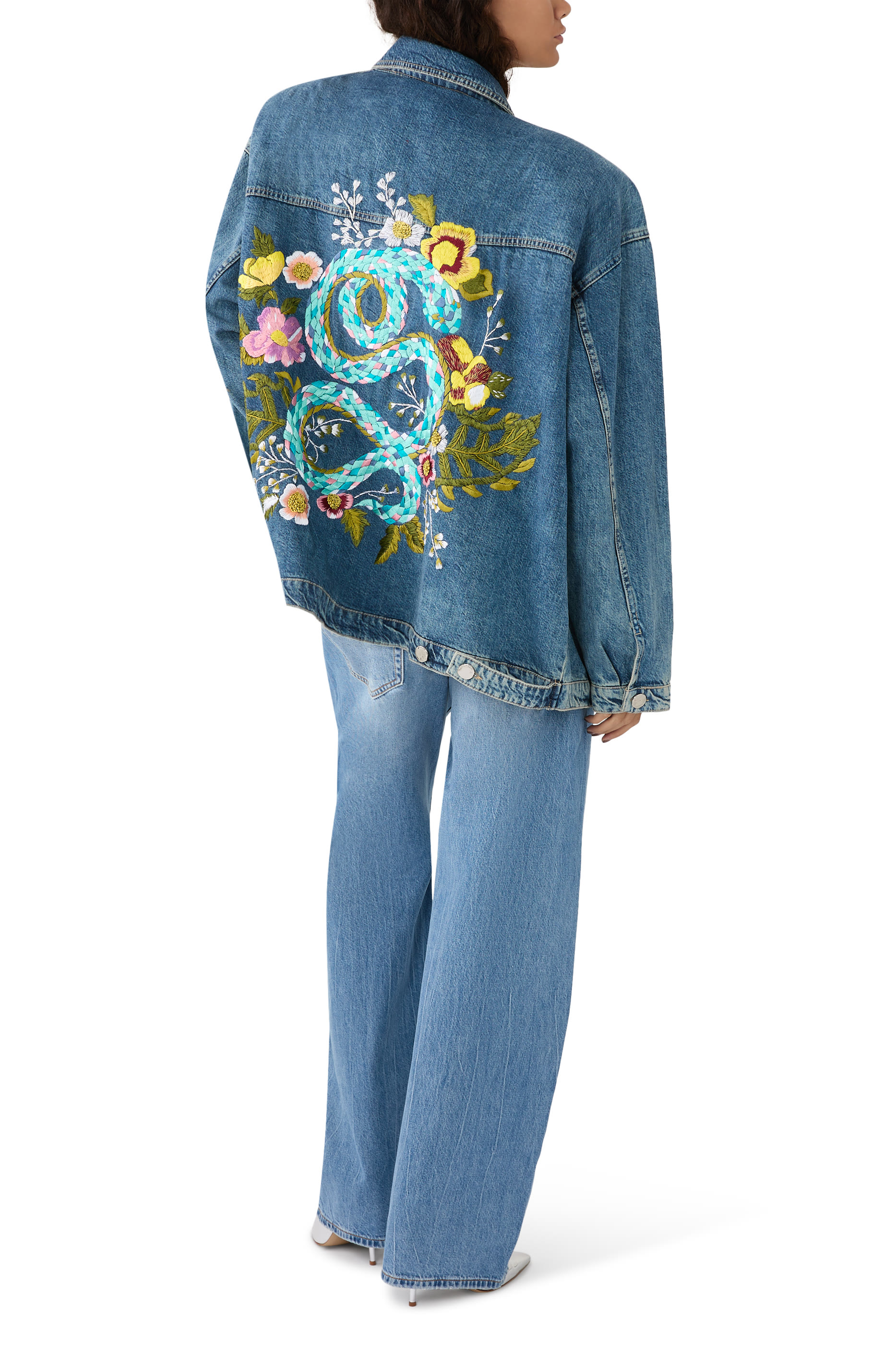 Snake Hand Embroidered Oversized Denim Jacket