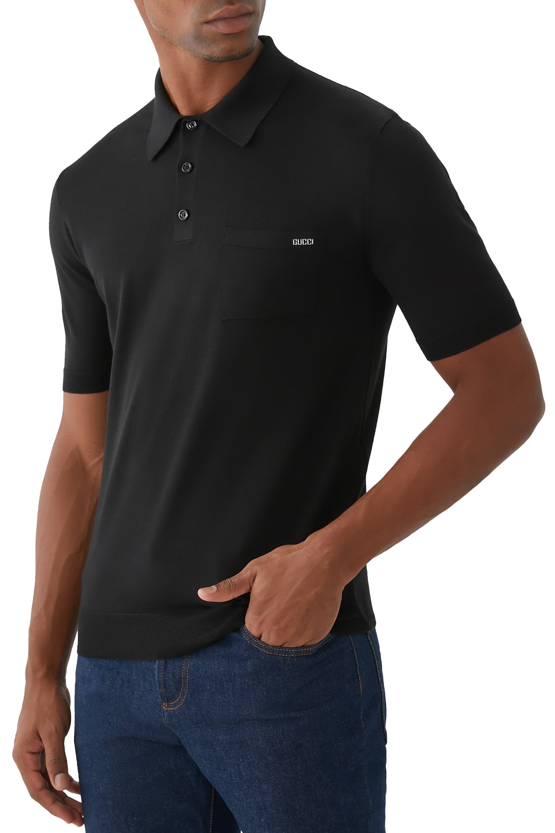 Fine Wool Knit Polo Top with Intarsia