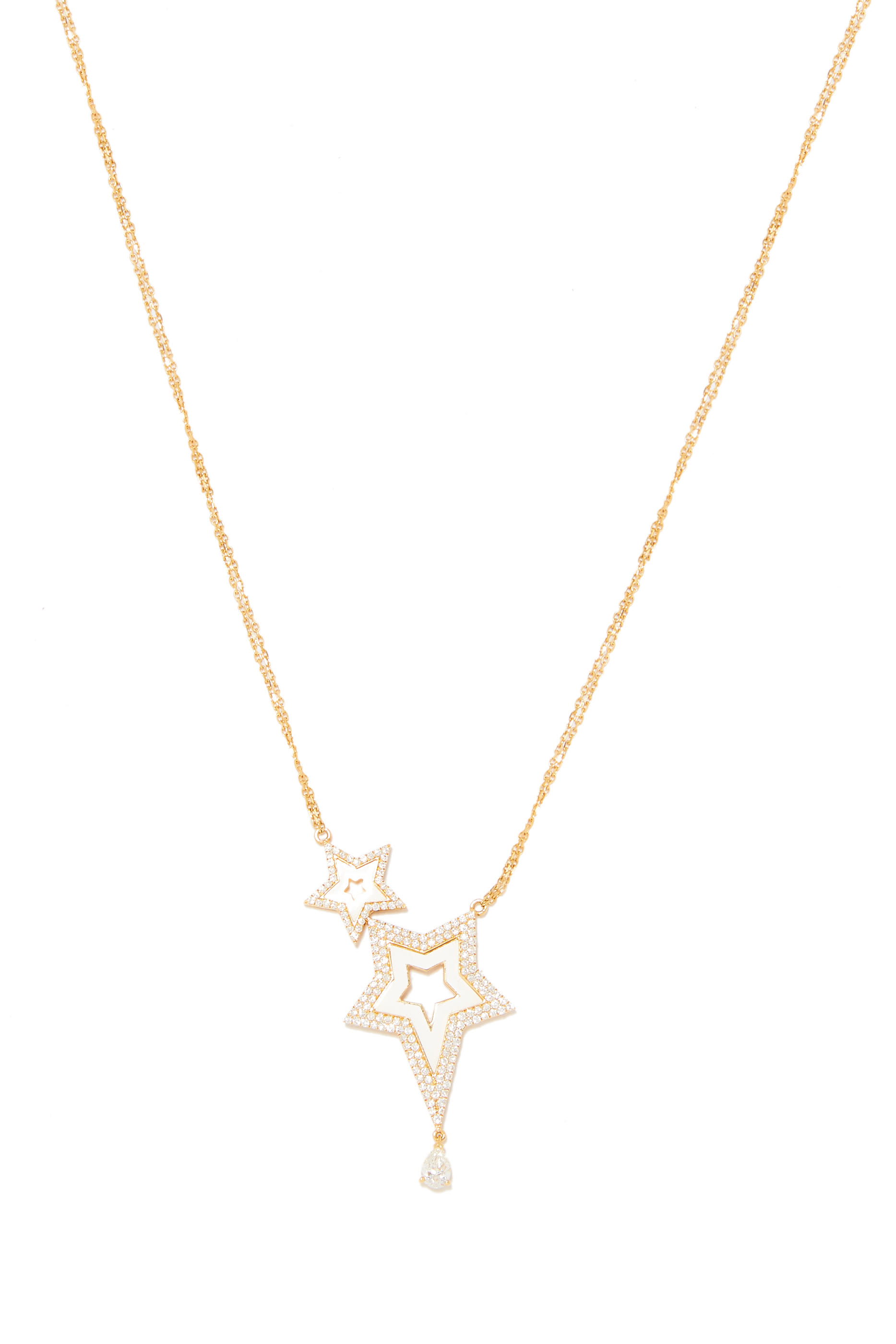 Full Diamond Double Star Necklace, 18k Yellow Gold & Diamonds