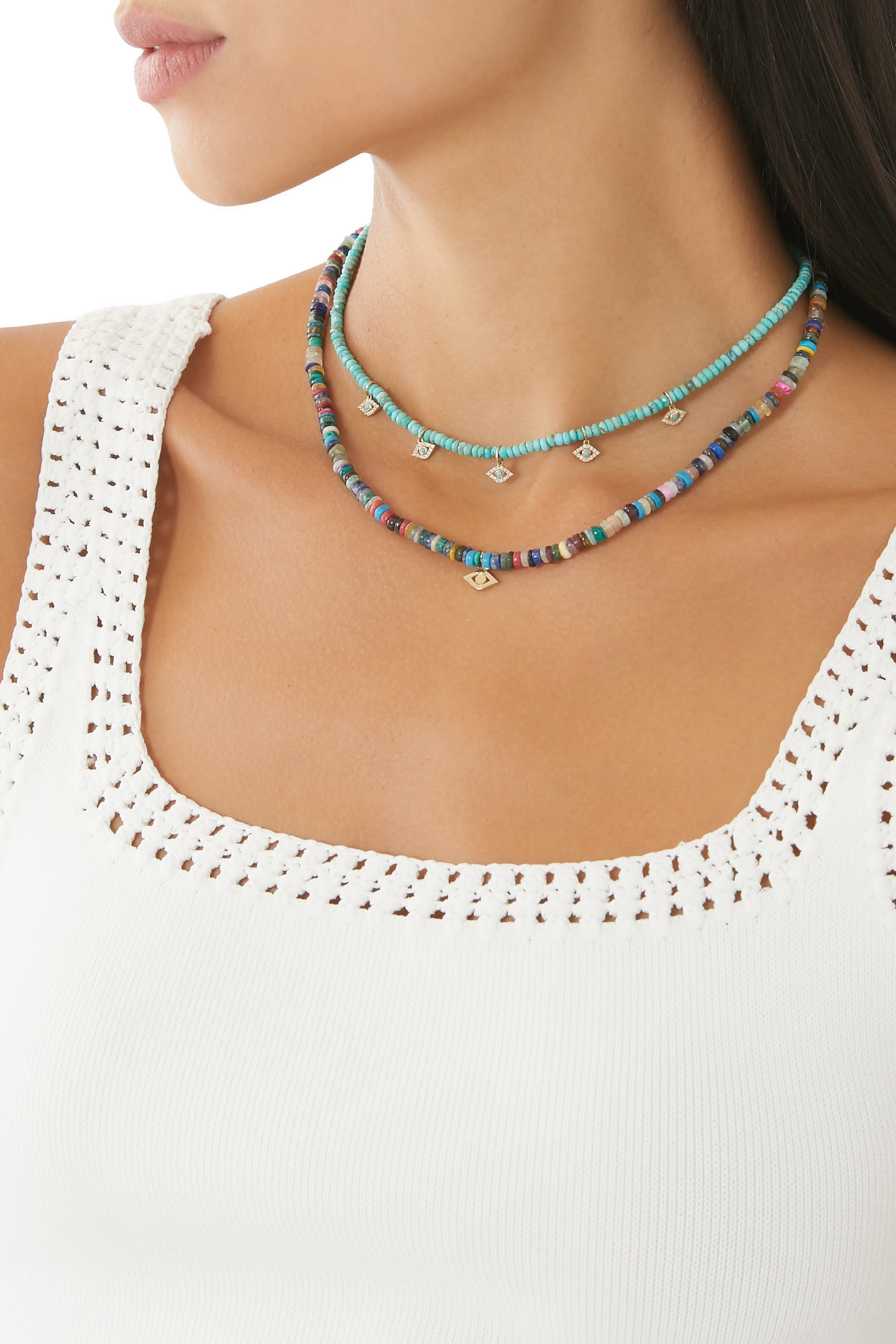 Tiny Evil Eye Turquoise Beaded Necklace, 14k Yellow Gold & Diamond s