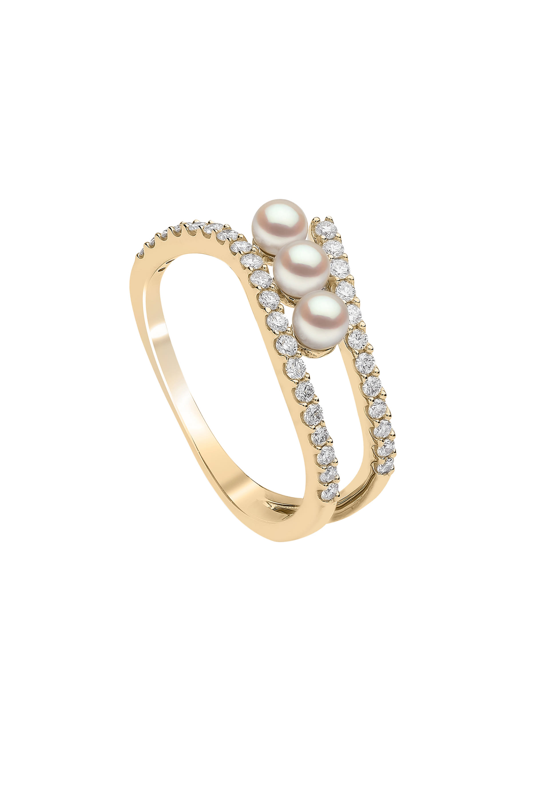 Sleek Ring, 18k Yellow Gold, Diamonds & Akoya Pearls