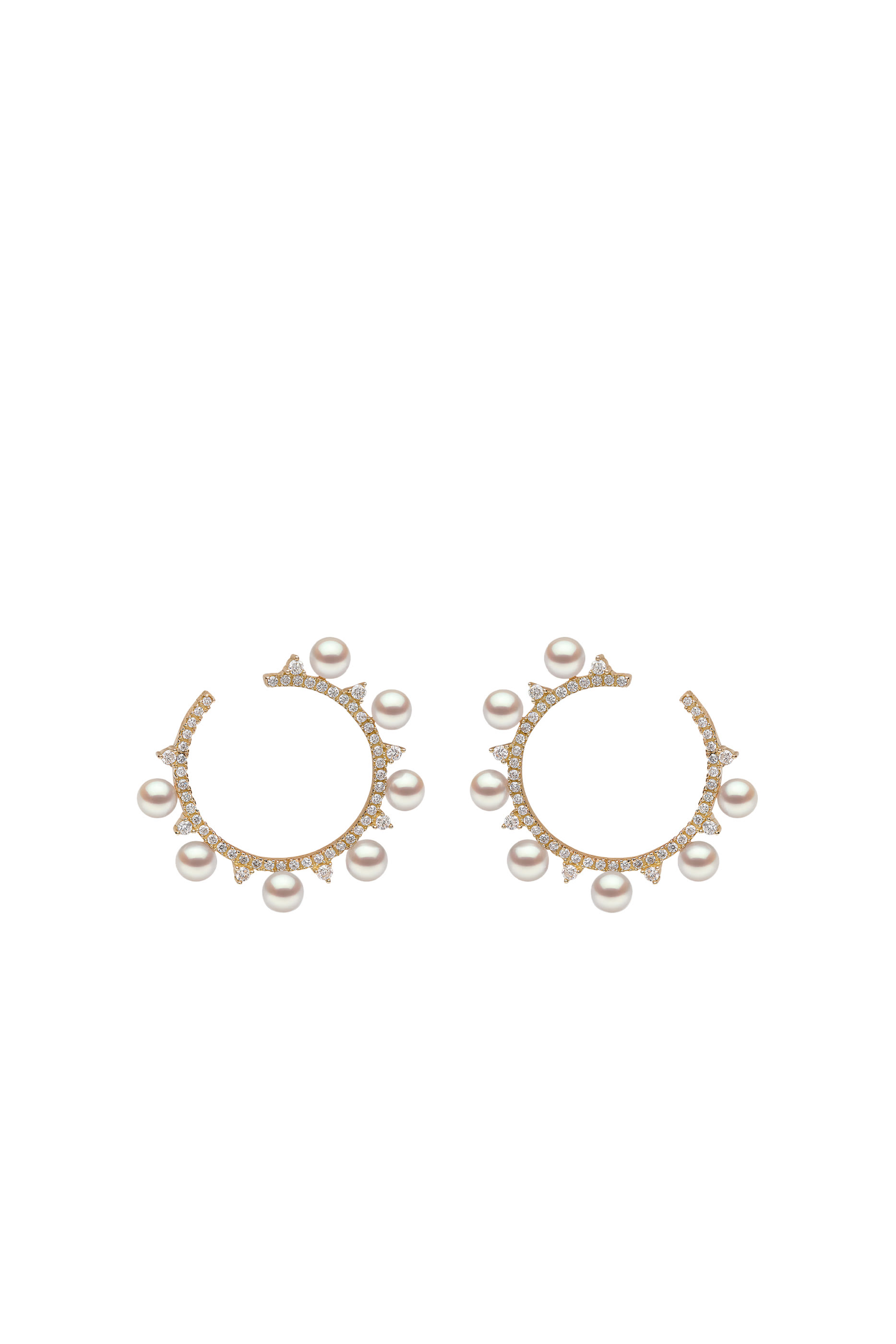 Sleek Spiked Hoop Earrings, 18k Yellow Gold with Akoya Pearls & Diamonds