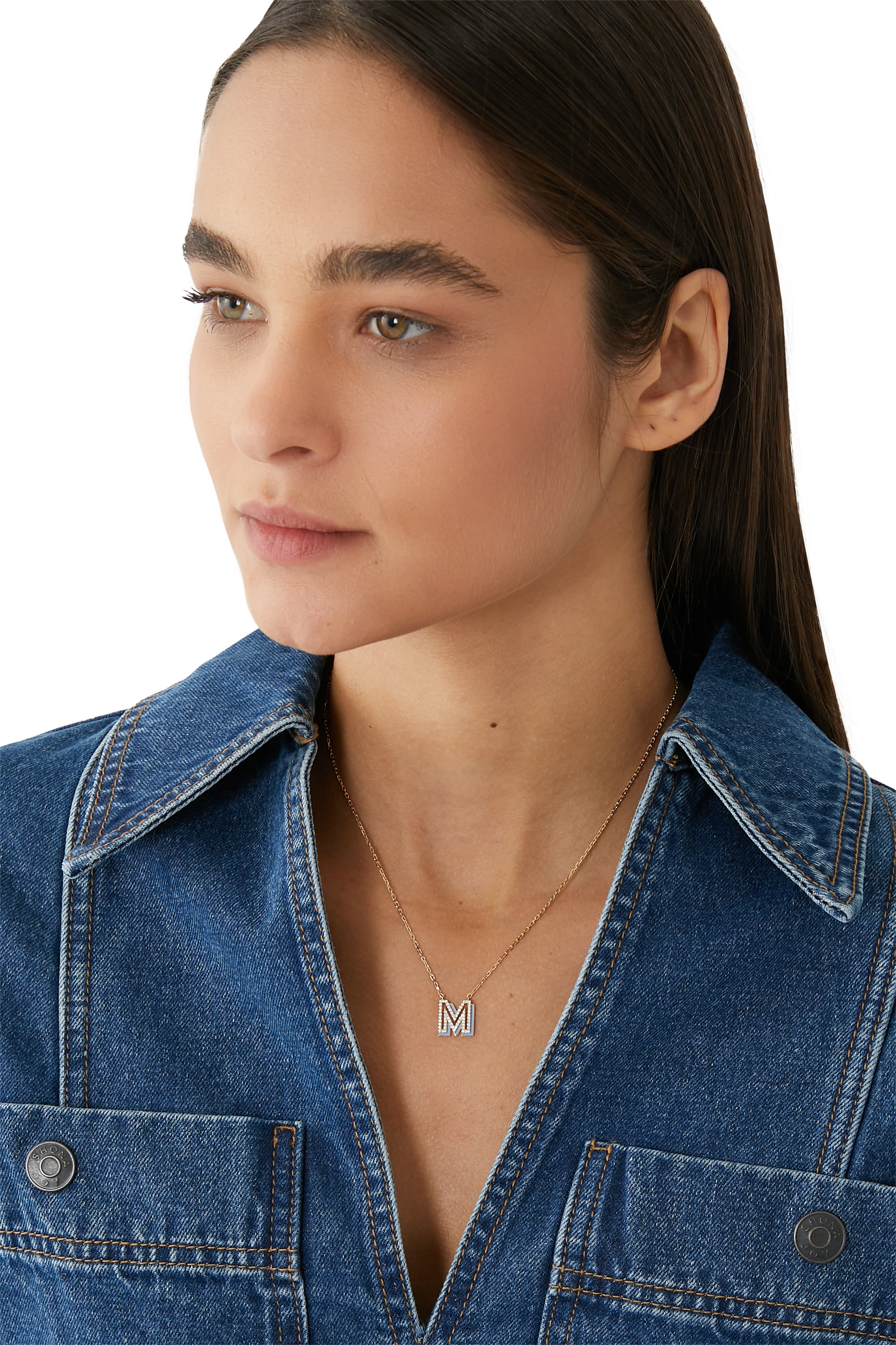 'M' Letter Pendant Necklace, 18k Yellow Gold with Diamonds & Enamel