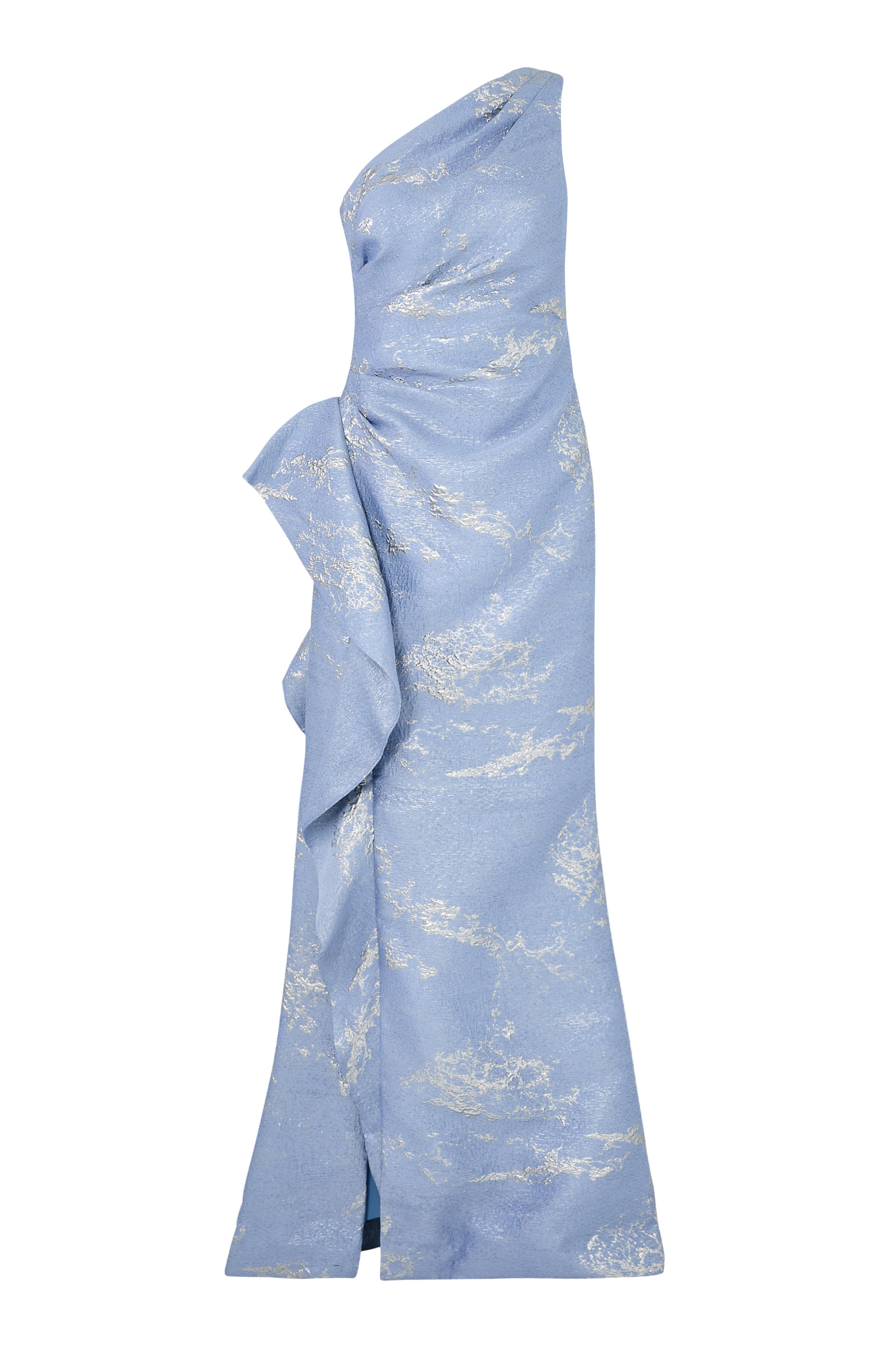Metallic Jacquard One Shoulder Side Ruffle Gown