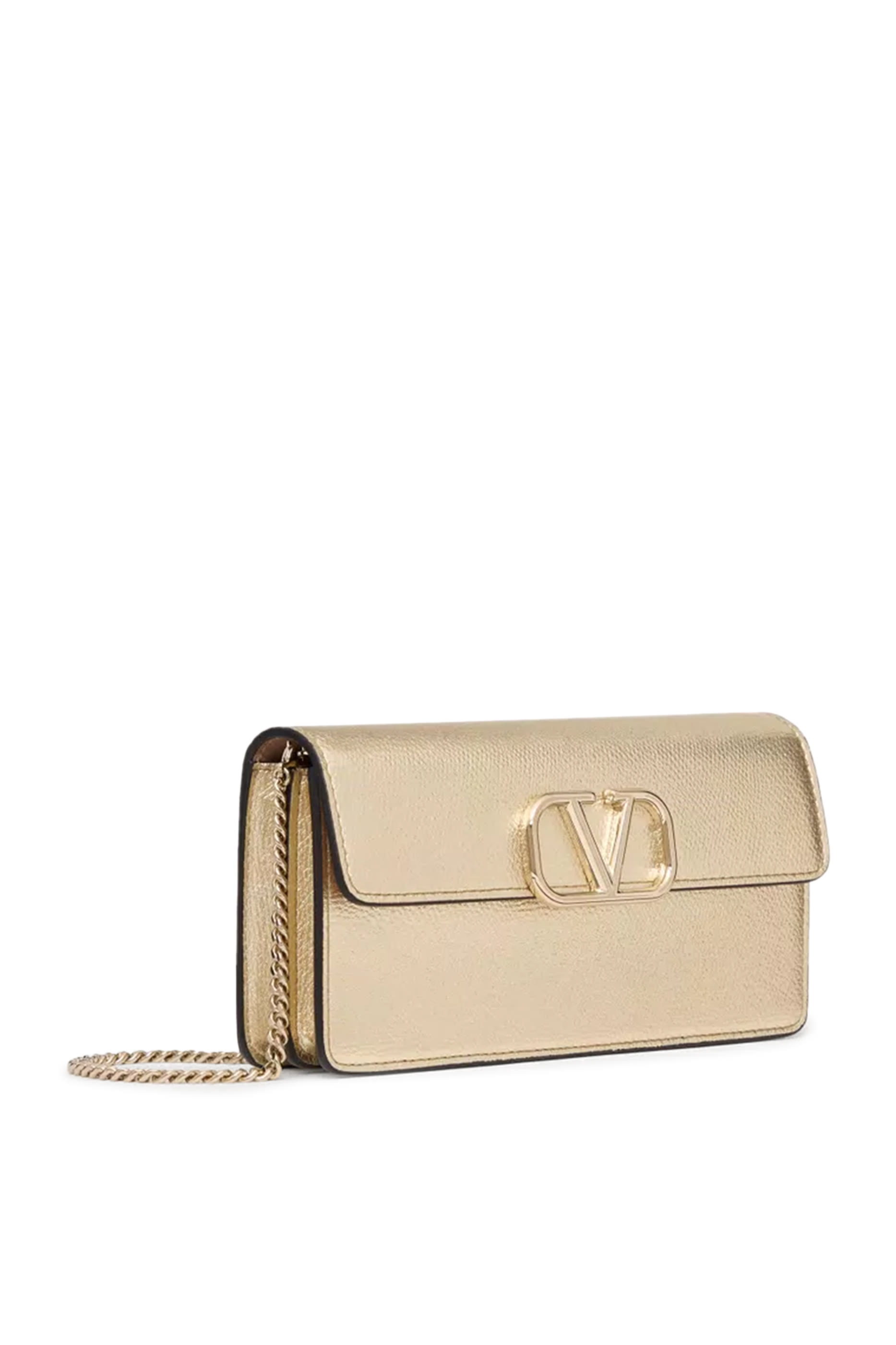 VLogo Signature Metallic Grainy Calfskin Wallet With Chain