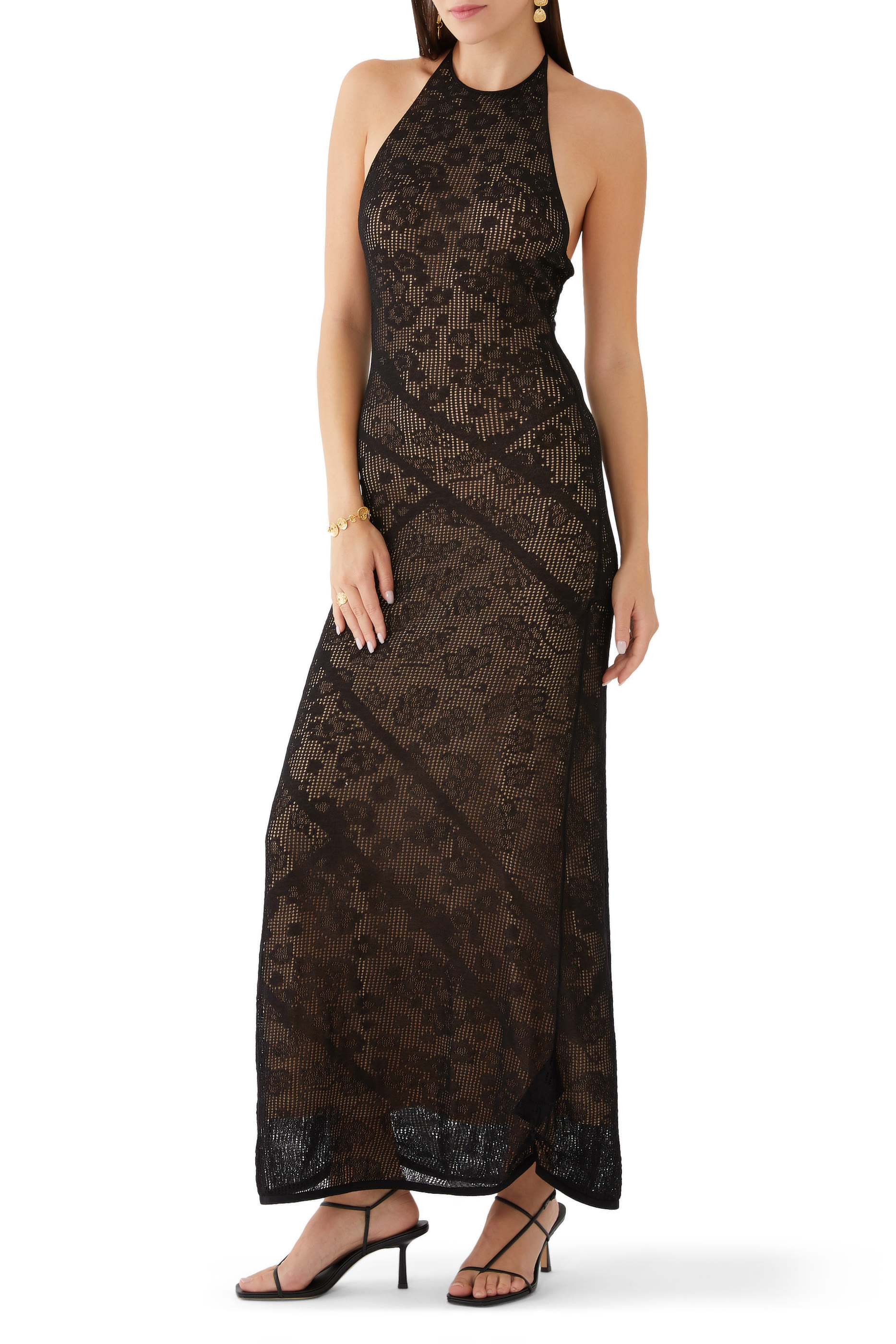 Lace Halterneck Stretch-Knit Midi Dress