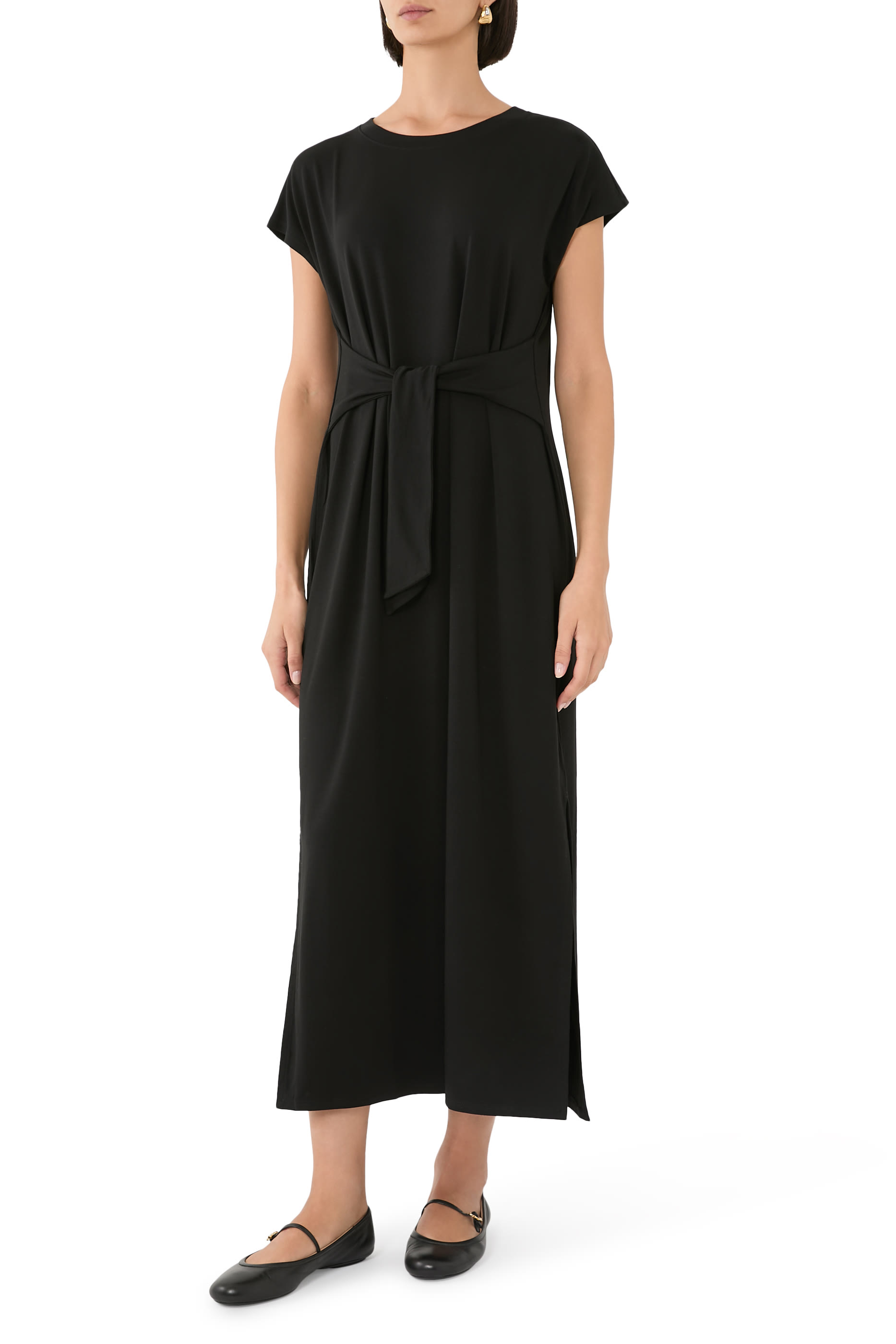 Knit Cap Sleeves Tie-Front Midi Dress