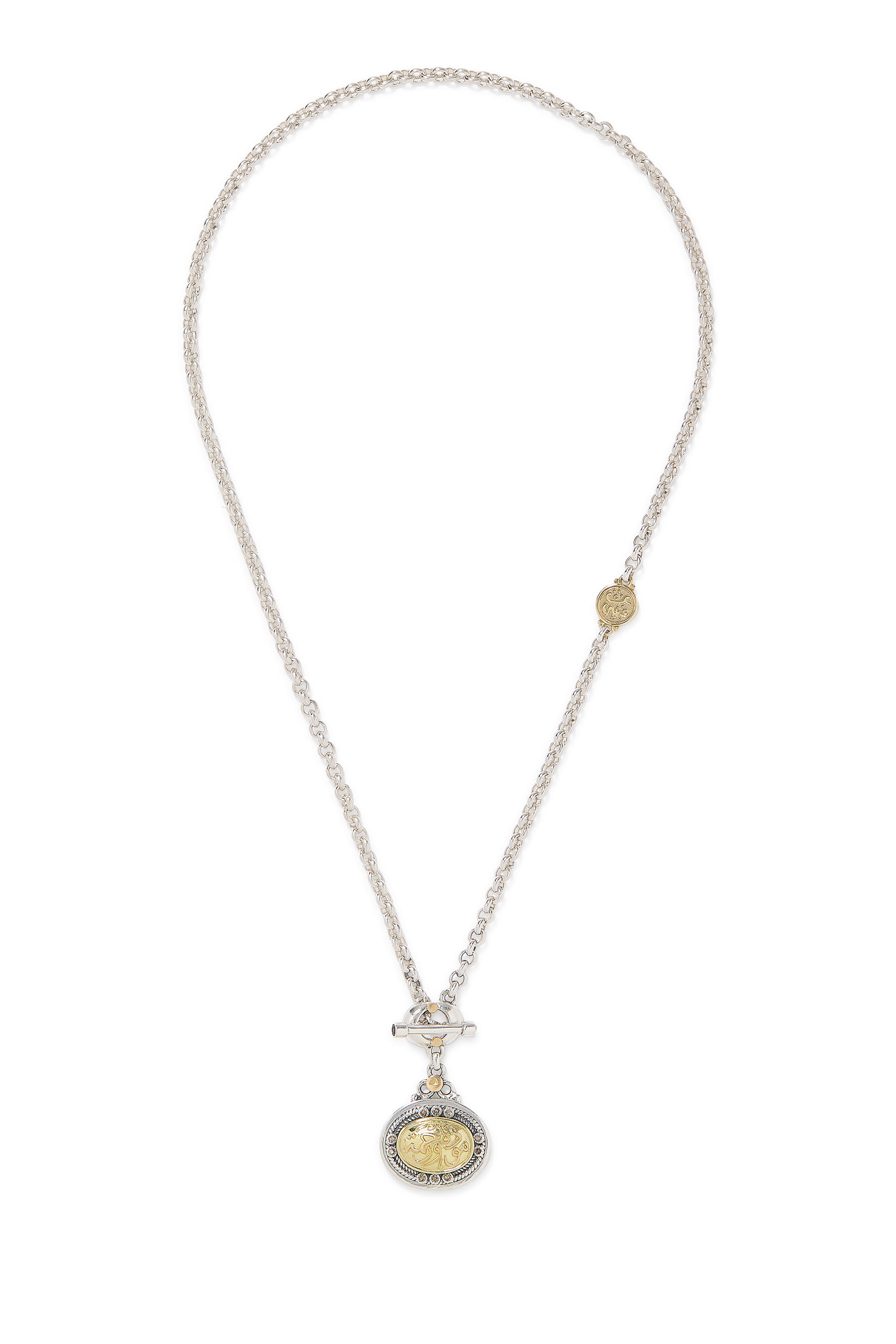 T-Lock Calligraphy Necklace, 18k Yellow Gold & Sterling Silver with Garnet & Diamonds