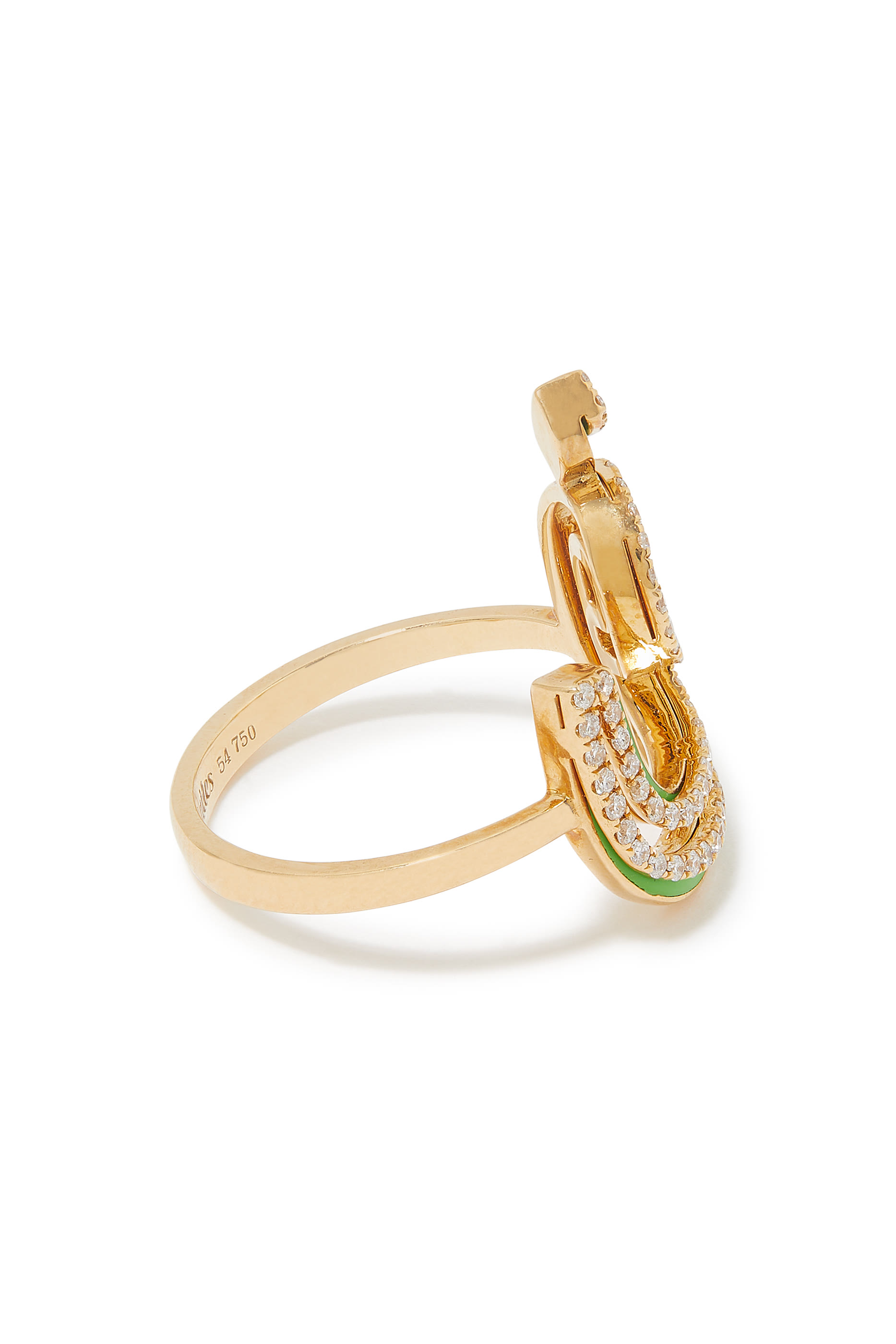 Letter F Silhouette Ring, 18K Yellow Gold with Diamonds & Enamel