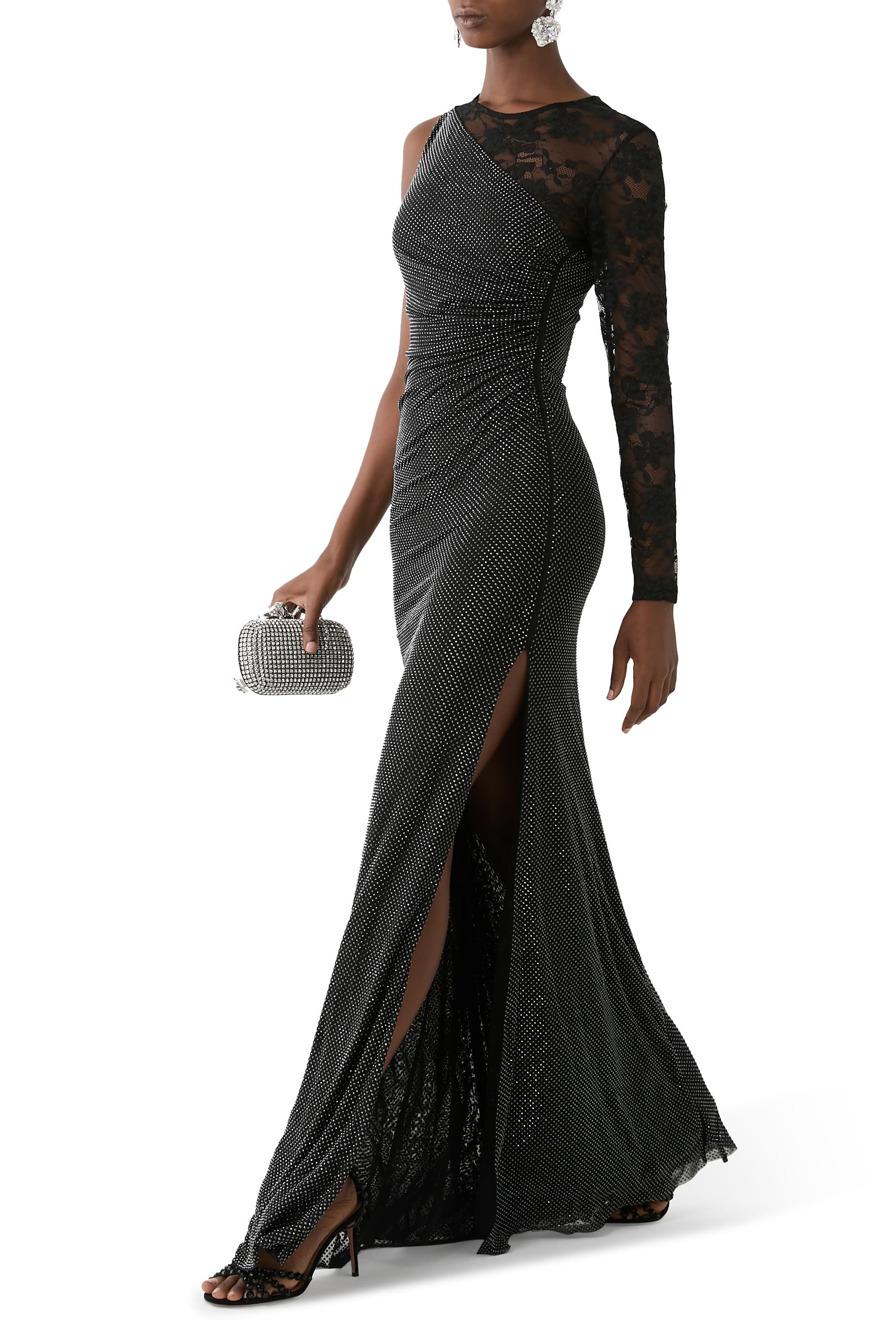 Rhinestone Lace Sleeves Maxi Dress