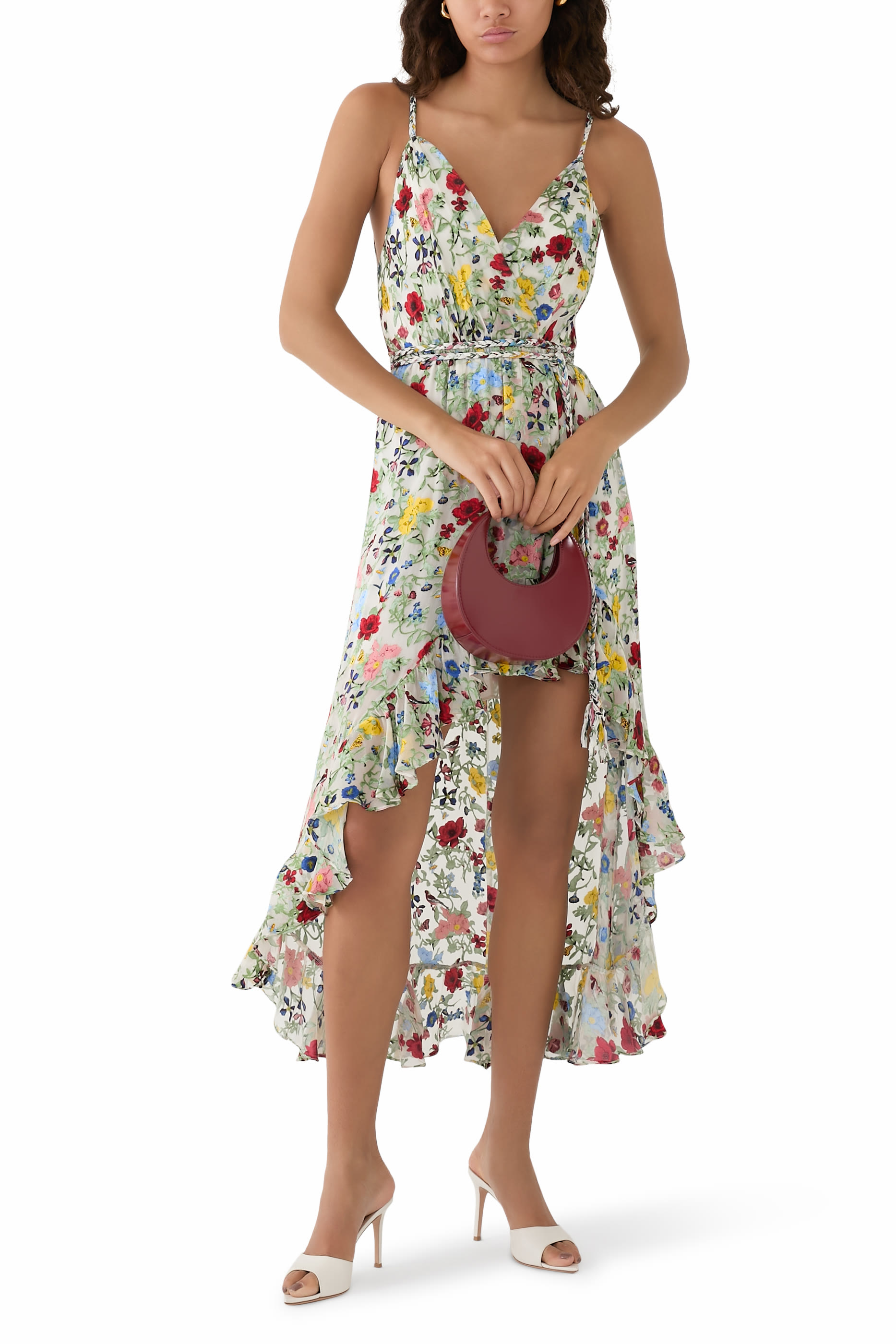 Tara Floral Cascading Ruffle Midi Dress