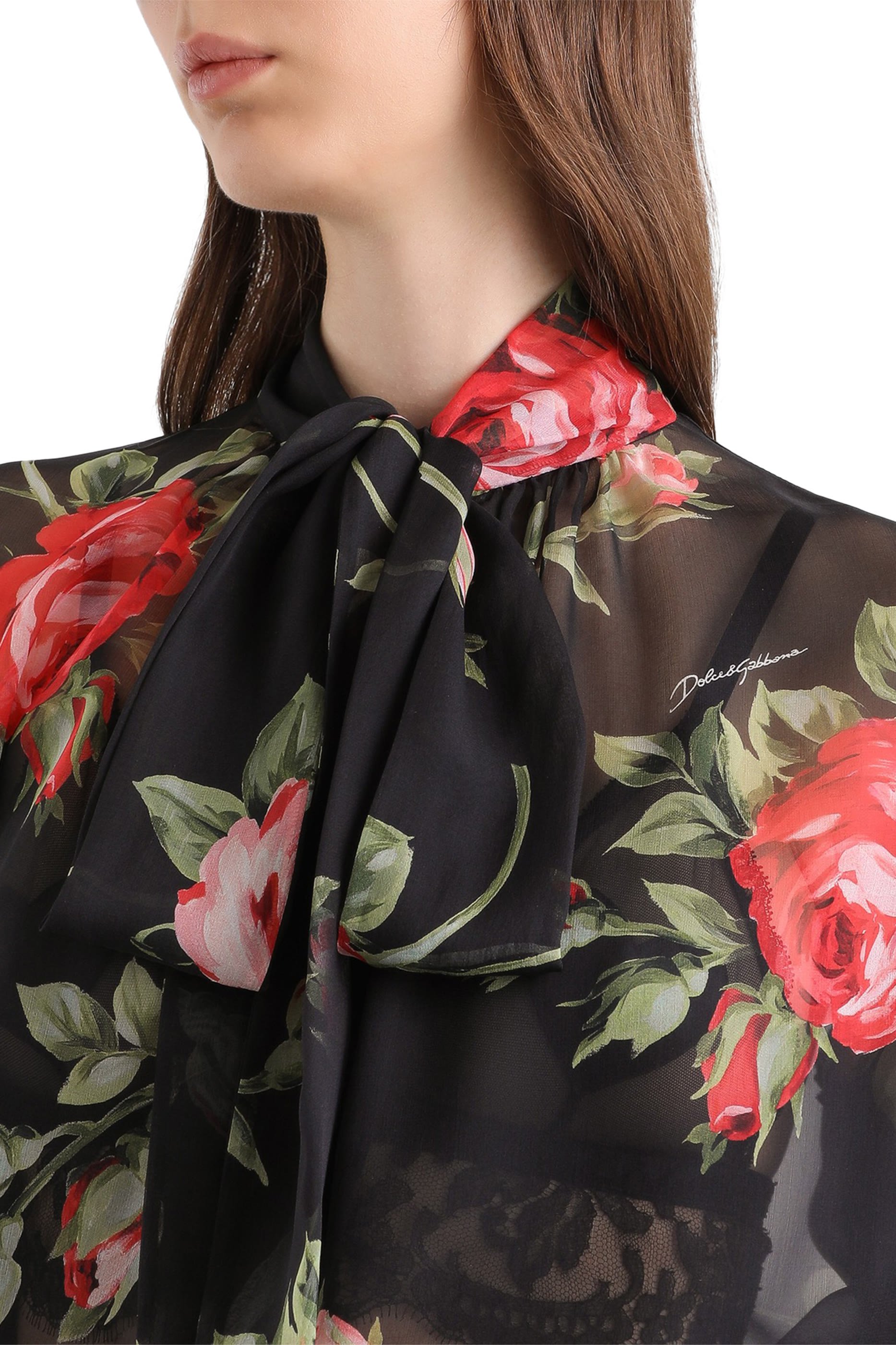 Rose Bouquet-Print Chiffon Top