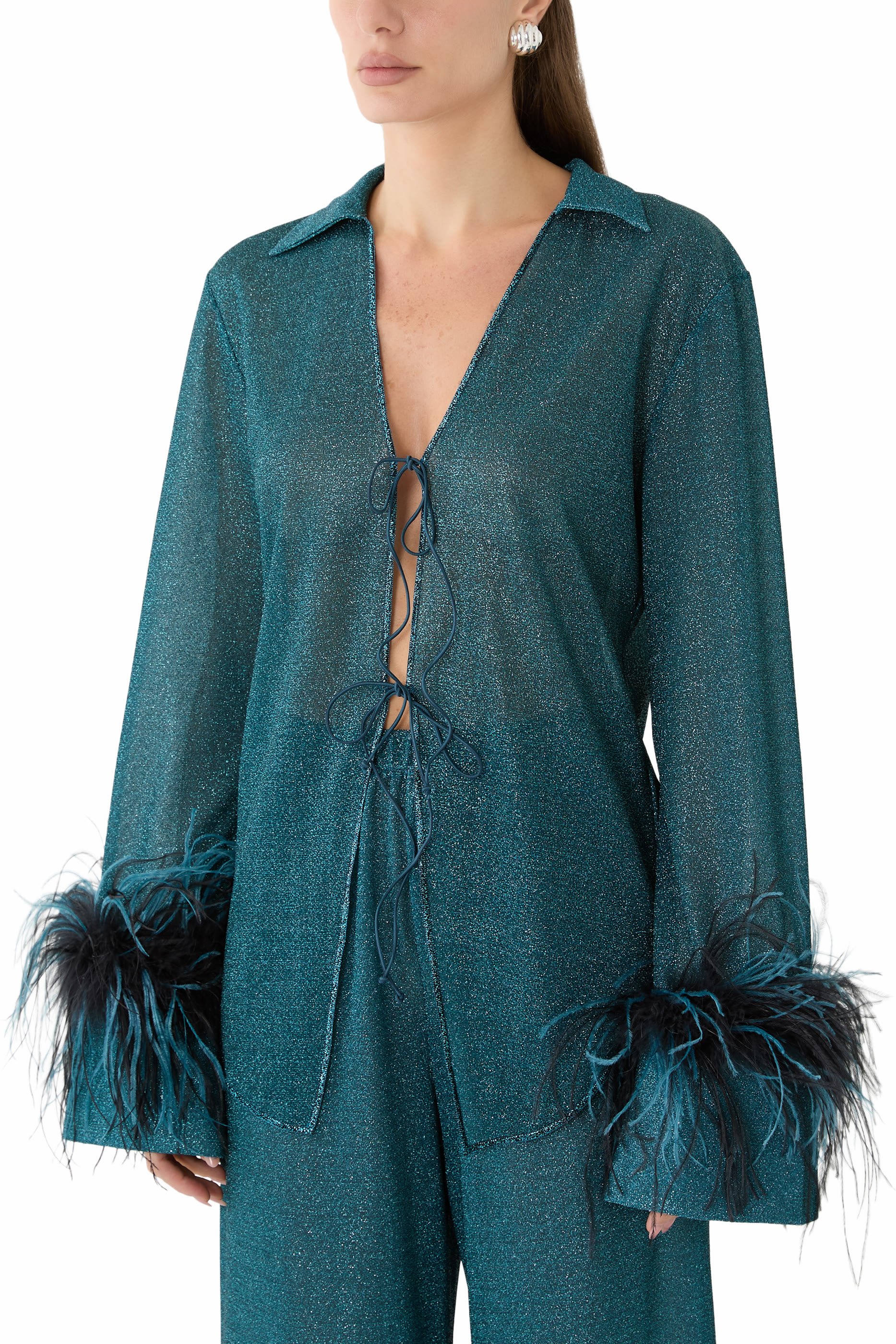 Lumiere Plumage Tie-Front Lurex Shirt