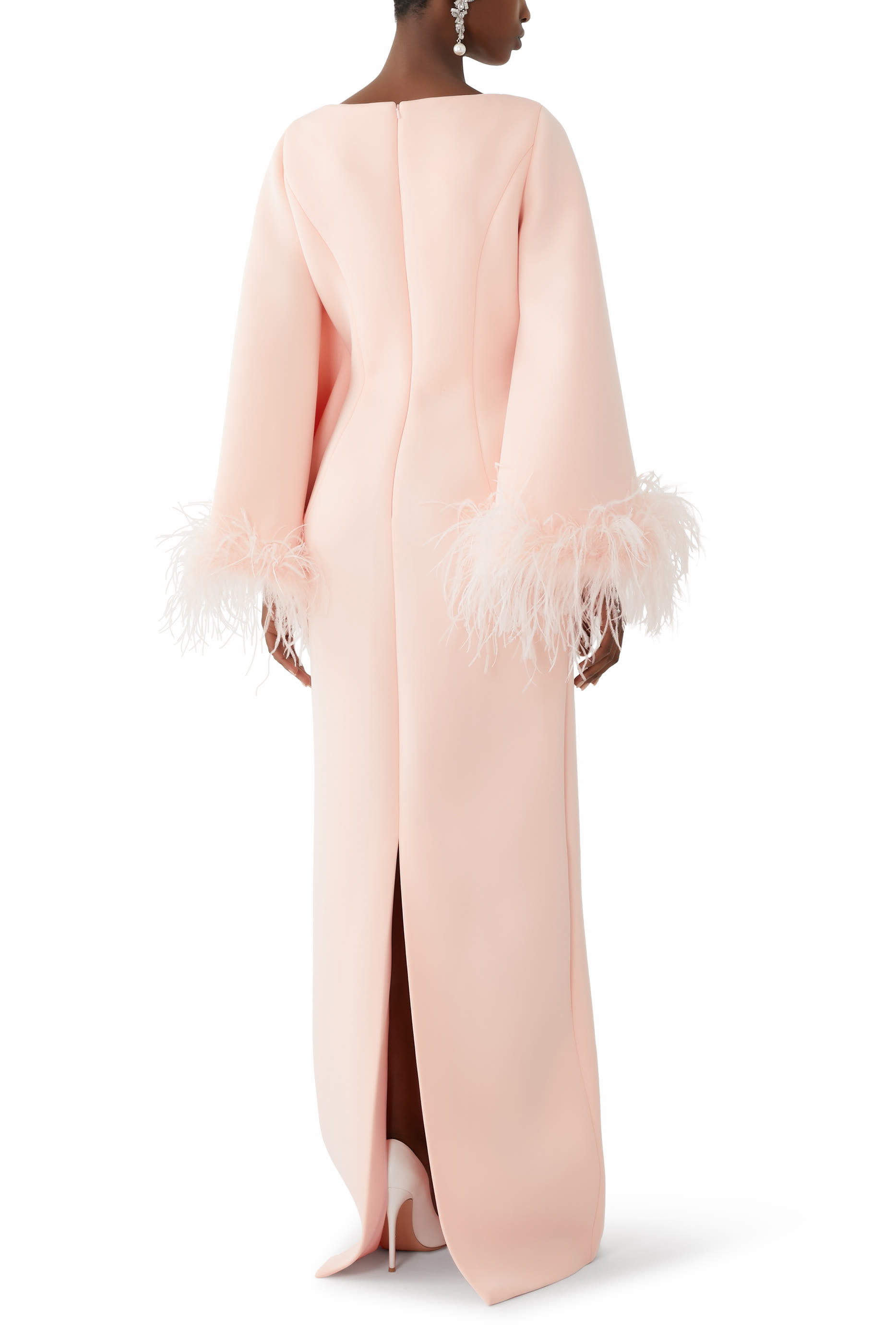 Feather Trim Bell Sleeve Evening Gown