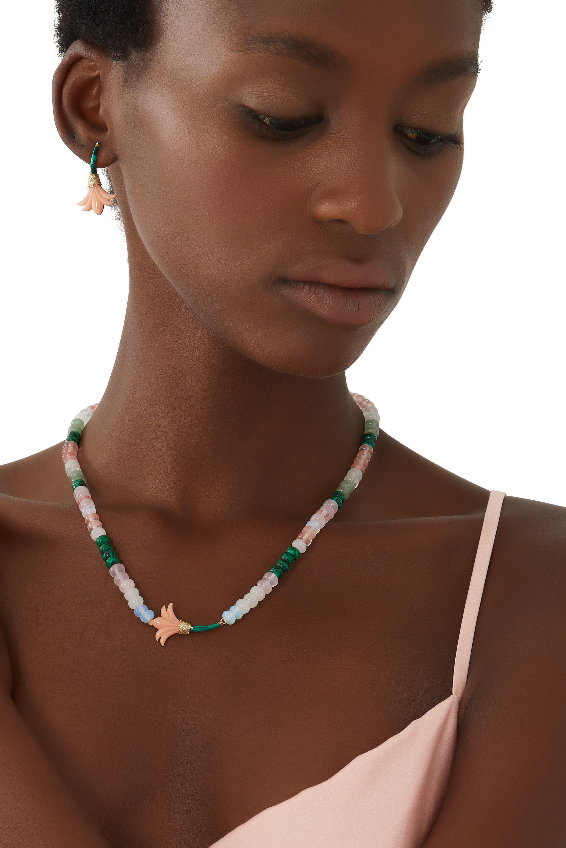 Beaded Flower Necklace, 18k Yellow Gold with Diamonds & Malachite