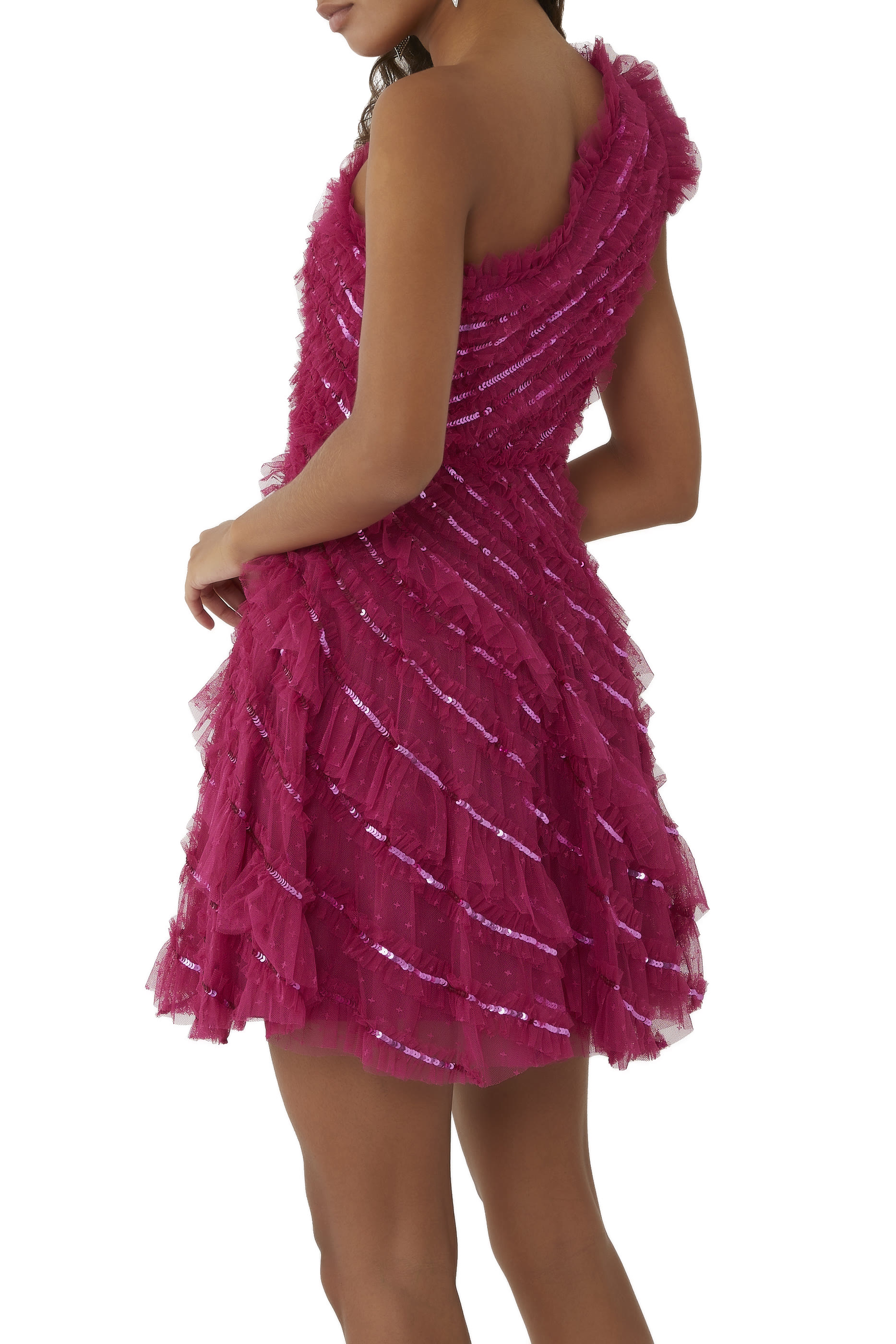 Spiral Sequin One-Shoulder Micro Mini Dress