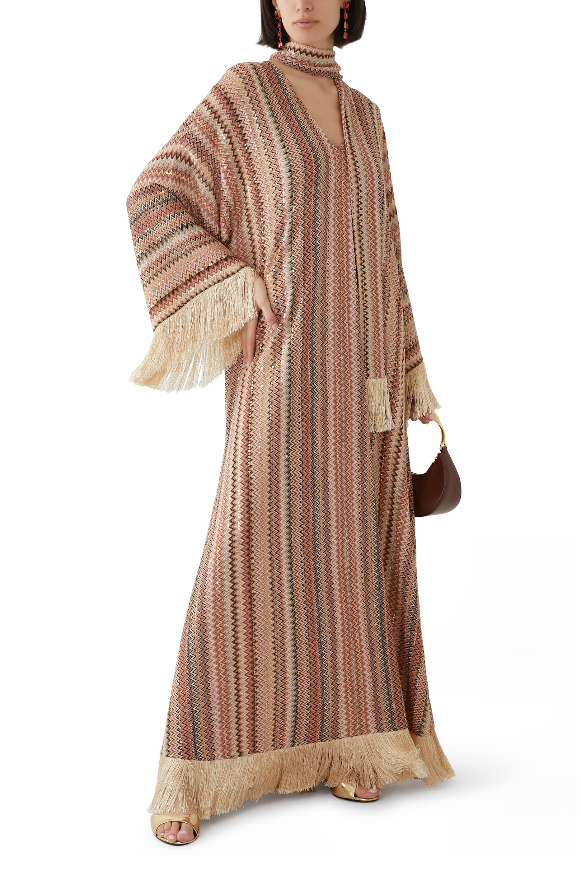 Exclusive Chevron Raschel Sequinned Fringed Scarf Maxi Kaftan