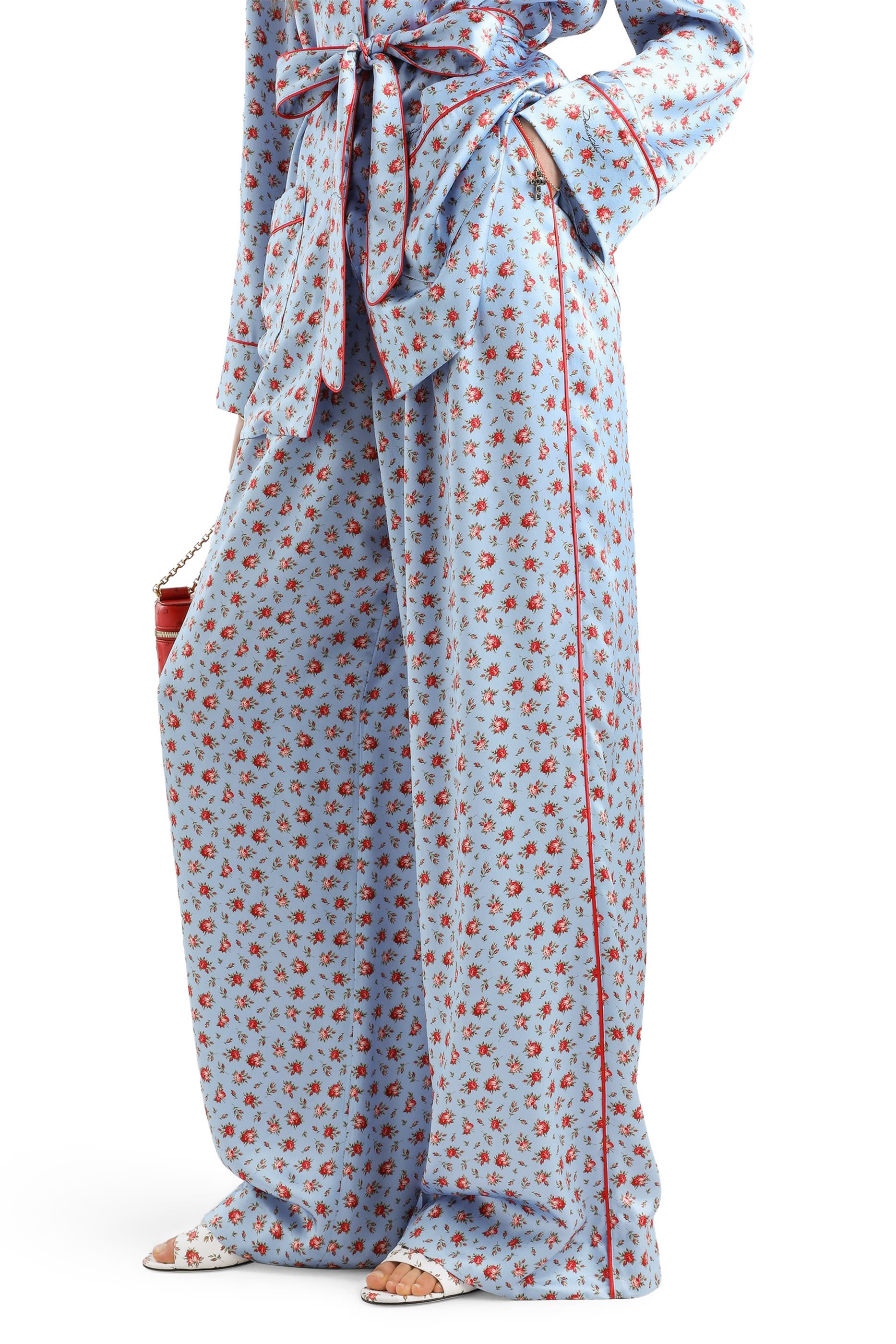 Small Rose-Print Wide Silk Trousers