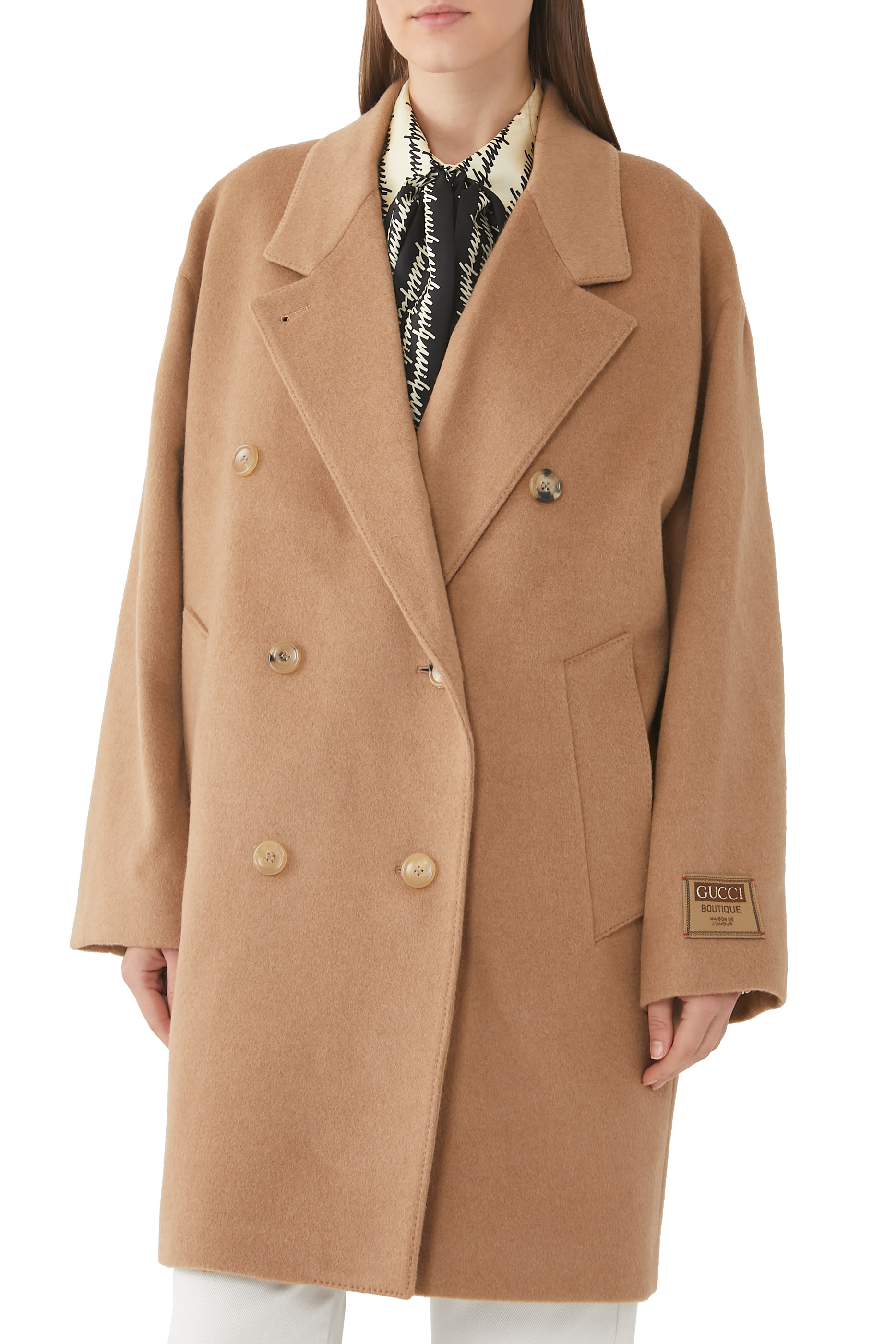 Embroidered Label Camel Coat