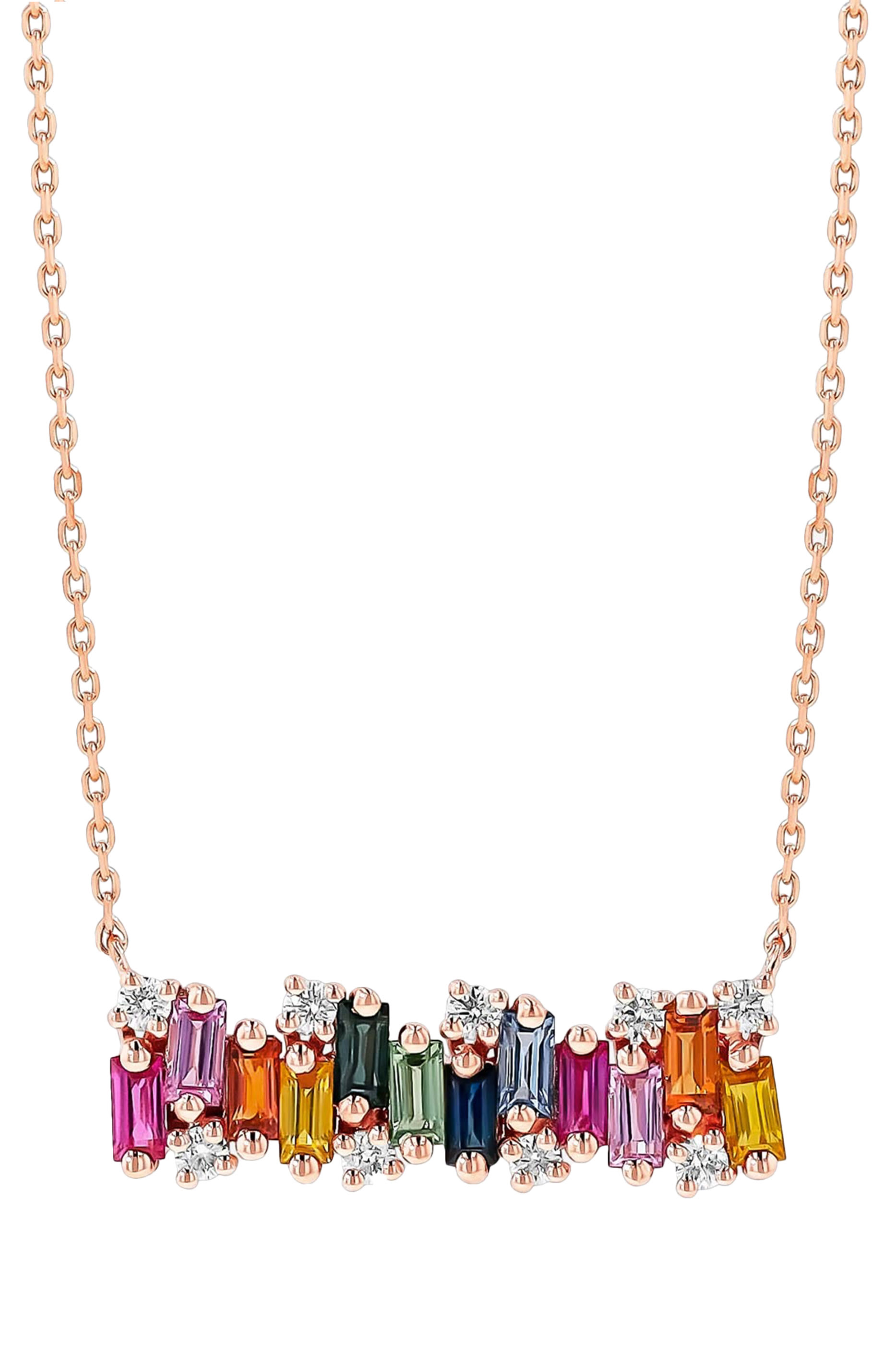 Shimmer Rainbow Bar Pendant, 18K Rose Gold with  Sapphire Baguettes & White Diamonds 