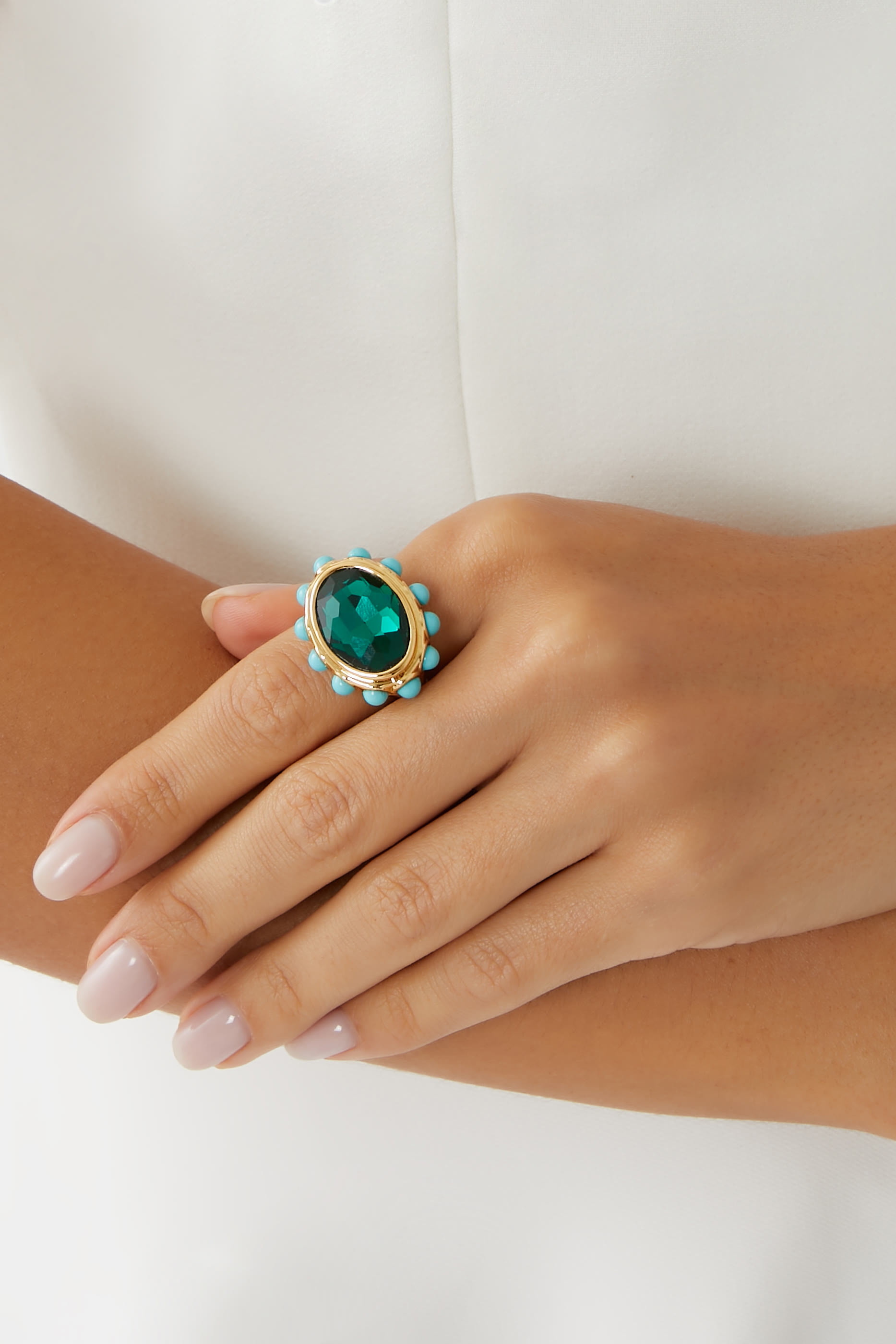 Small Oval Cocktail Ring, Brass & Crystal