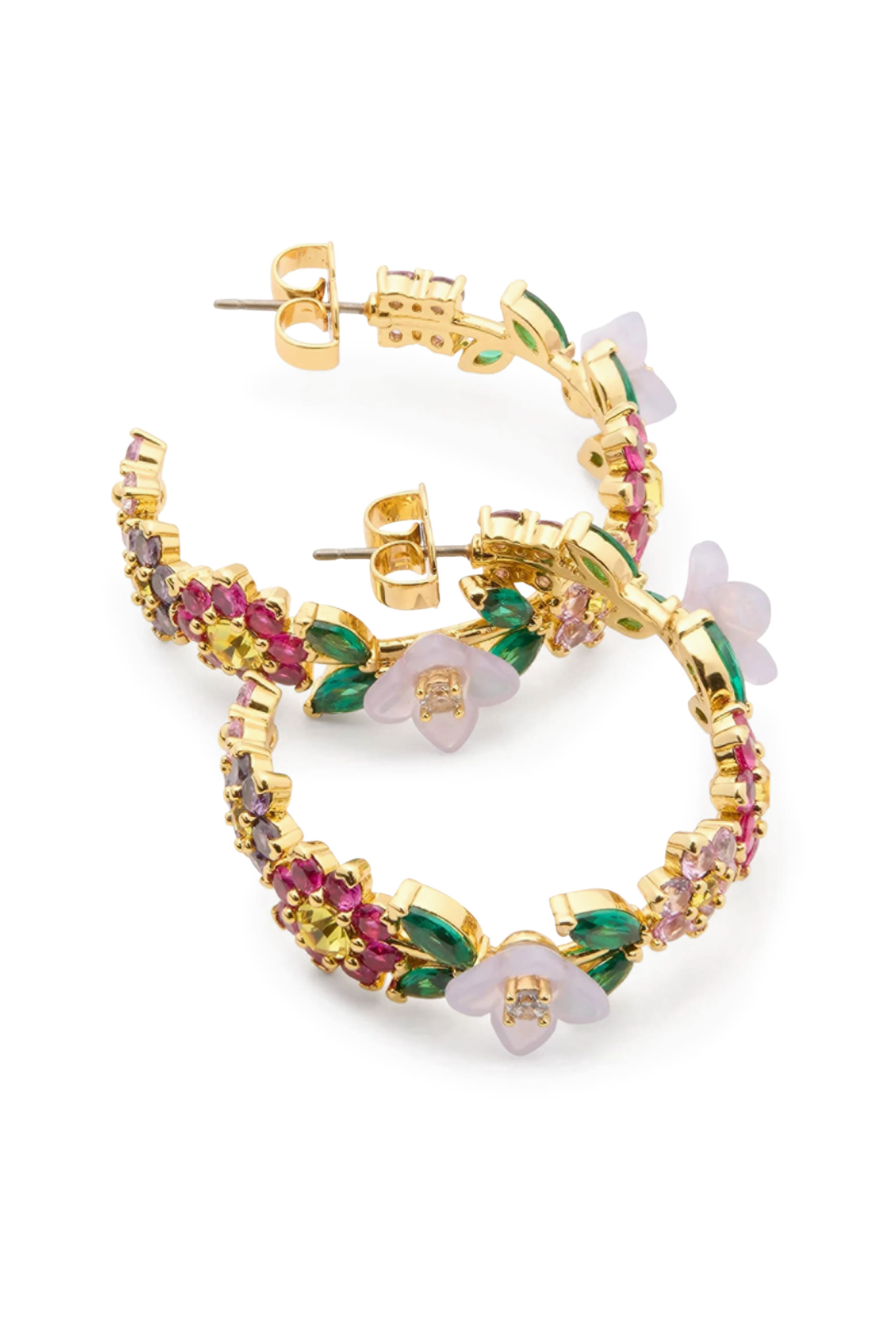 Bursting Blooms Hoops, Brass, Titanium Posts & Cubic Zirconia, Czech Glass Stone, Resin