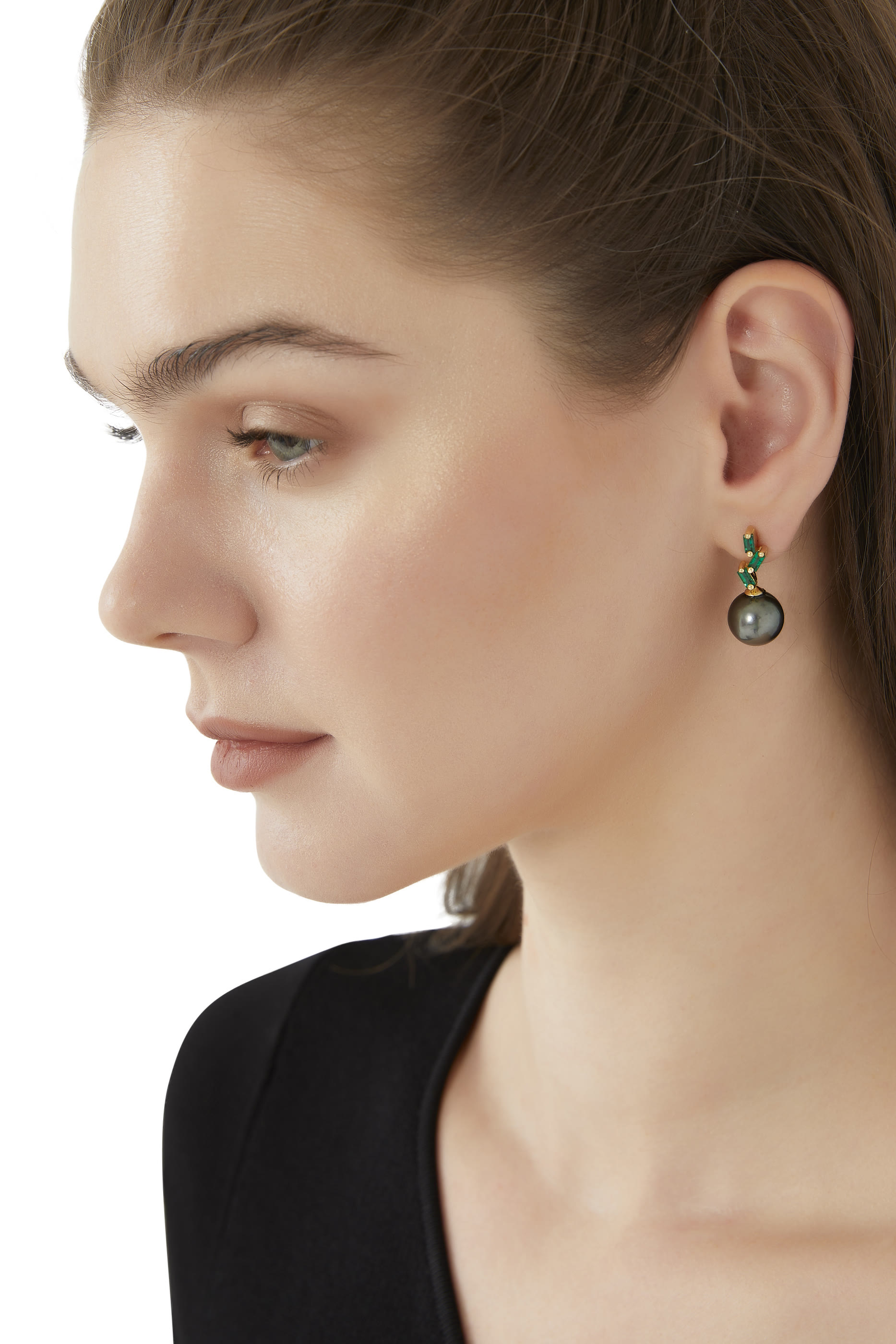 One of a Kind Earrings, 18k Yellow Gold with Emerald &  Tahitian Pearl