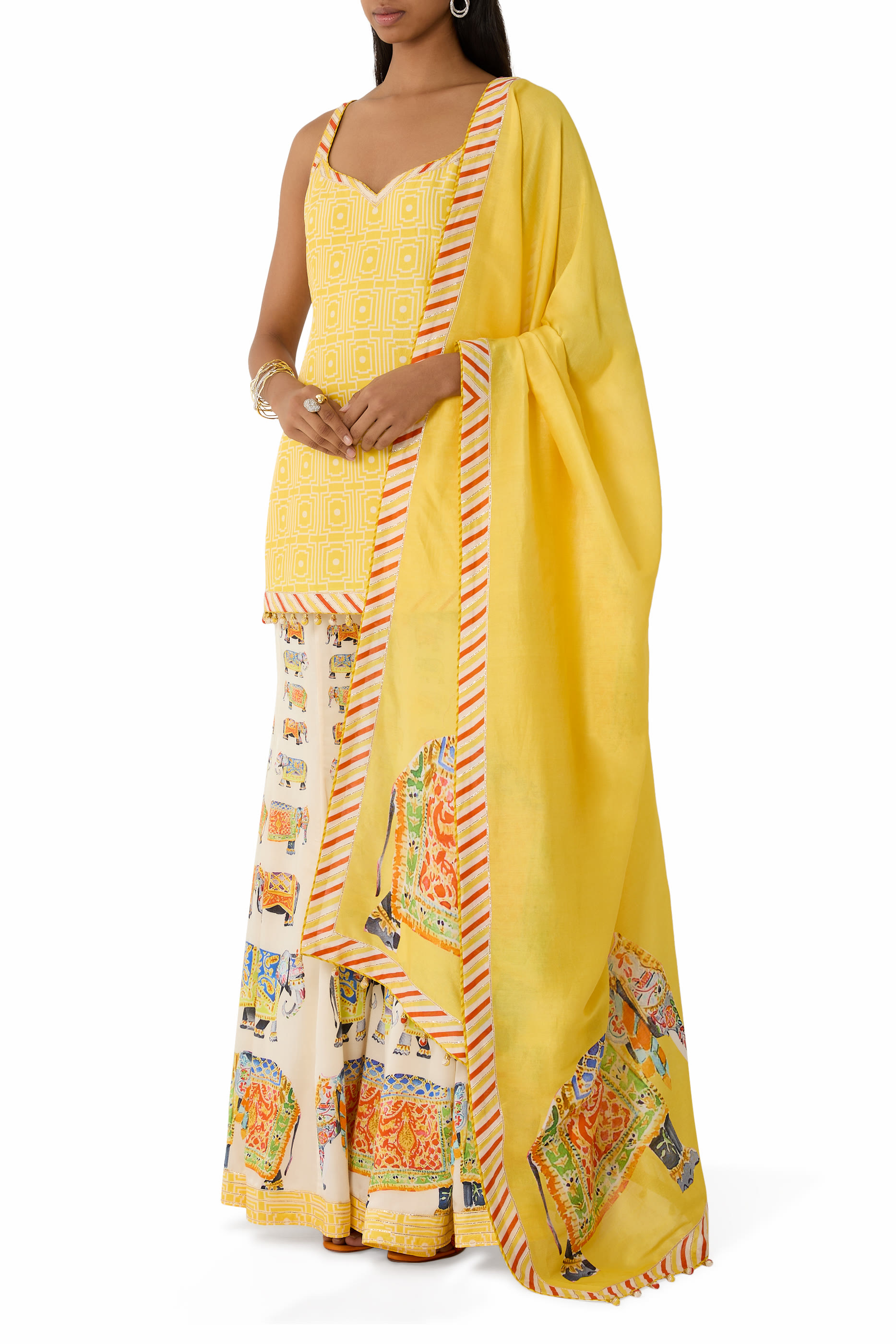  Printed Short Kurta and Palazzo Set with Dupatta