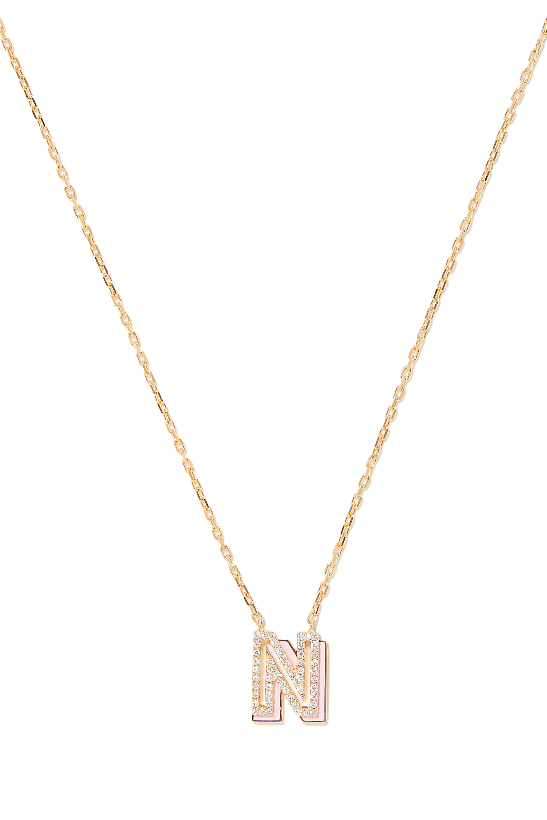 N Letter Pendant Necklace, 18k Yellow Gold with Diamonds & Enamel