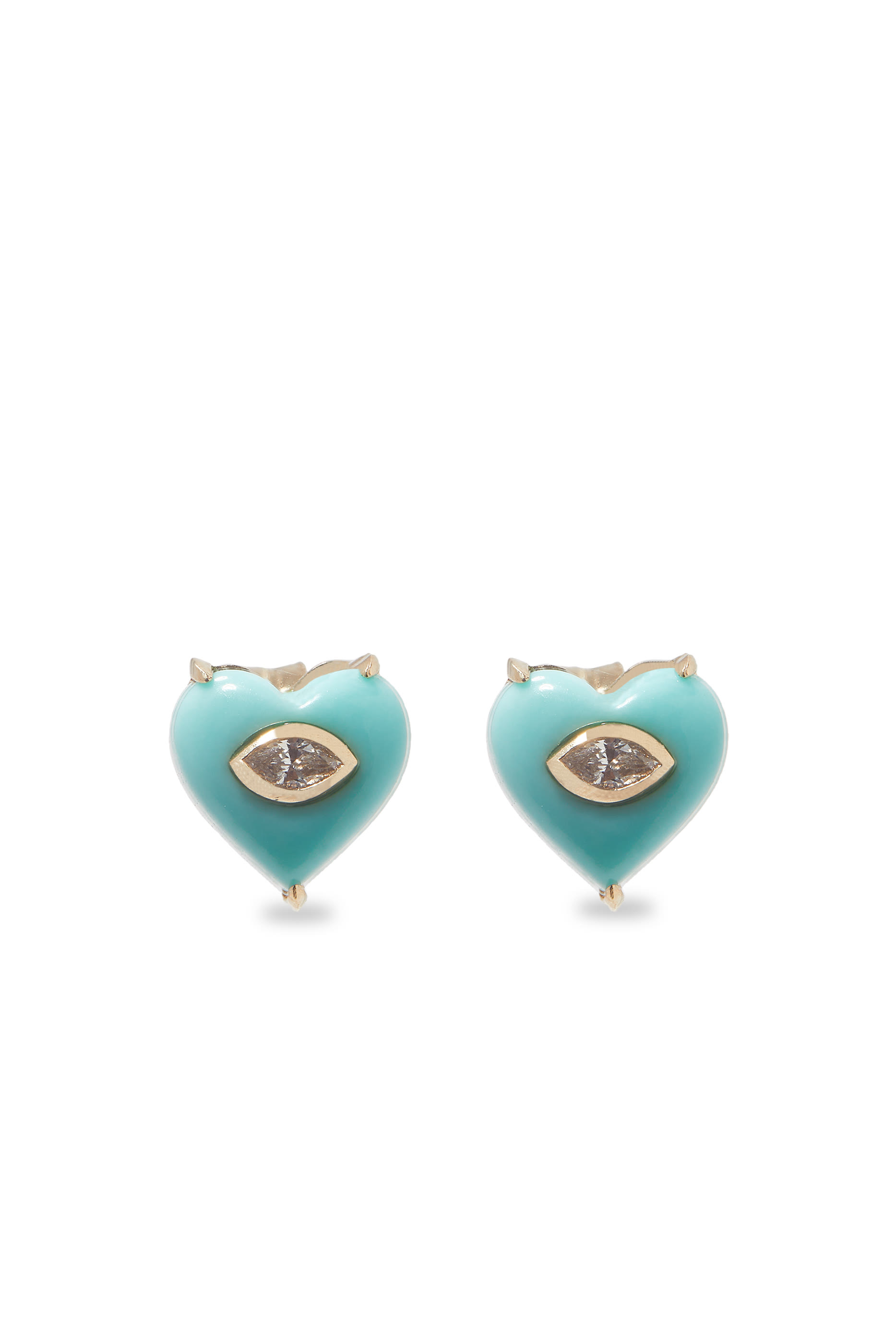  Bezel Eye on Small Carved Heart Studs, 14K Yellow Gold, Turquoise & Diamond
