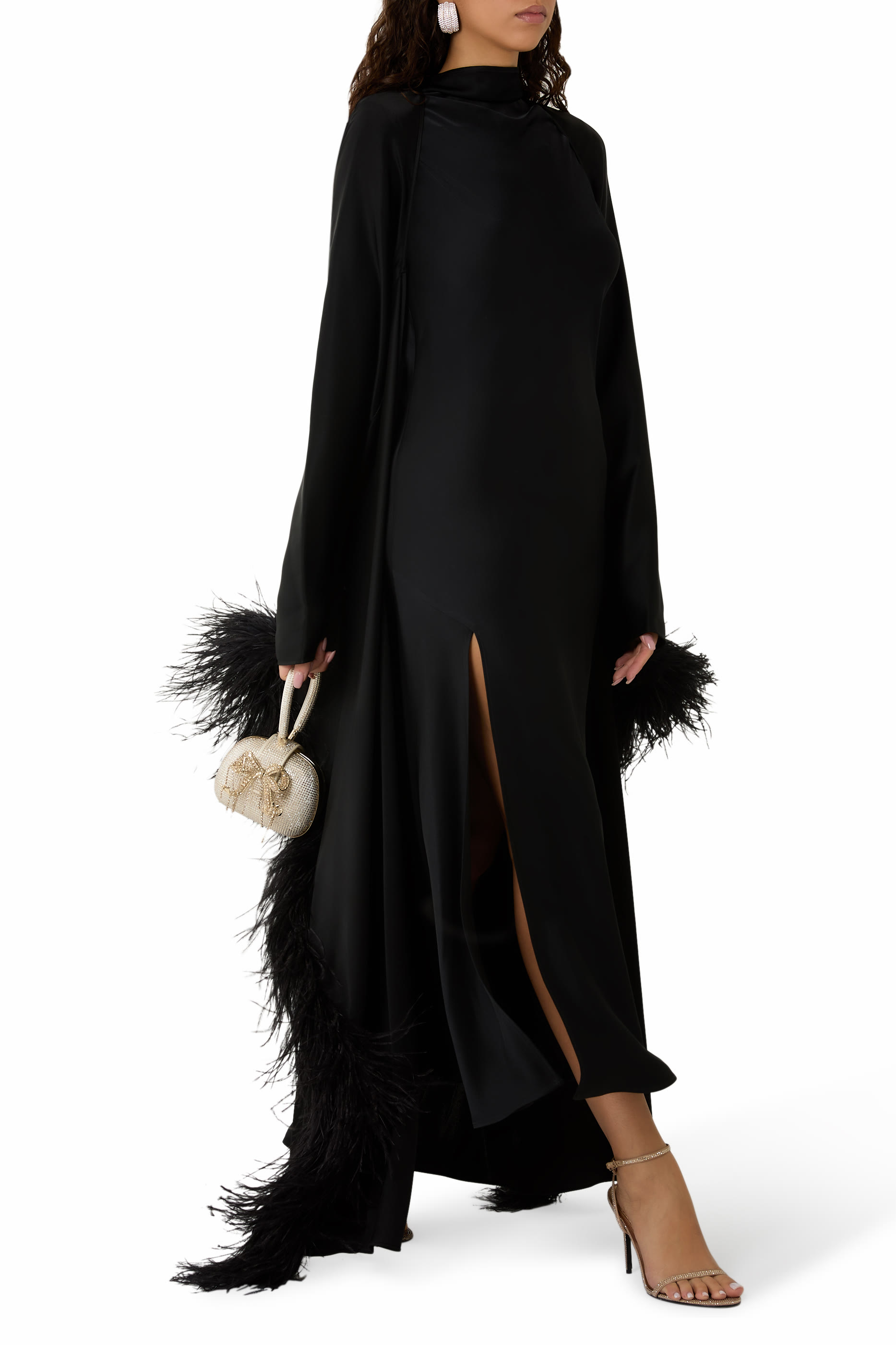 Feather Trim Long Sleeves Satin Caftan