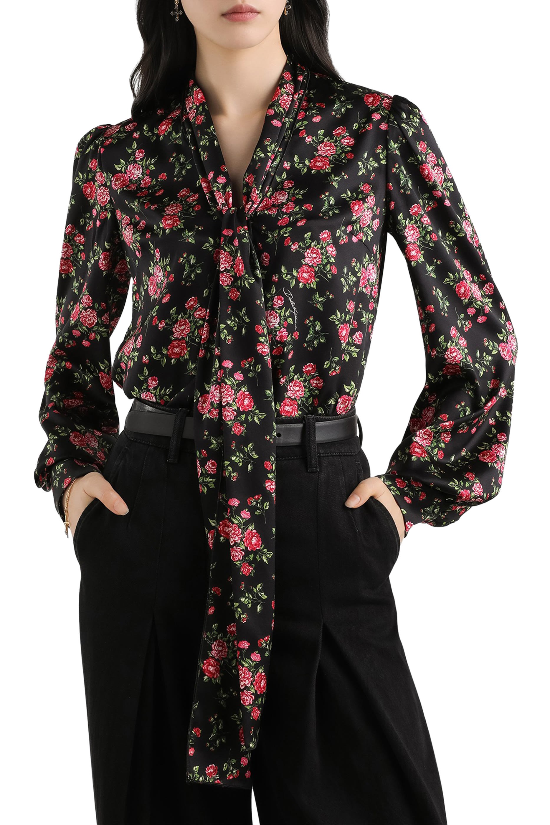 Small Rose Bouquet-Print Satin Shirt