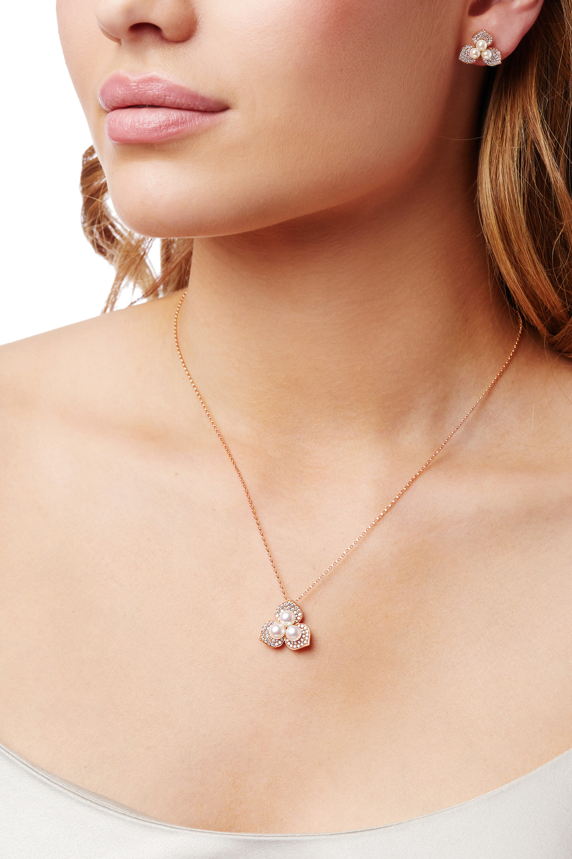 Petal Pendant Necklace, 18k Rose Gold, Diamond & Pearl