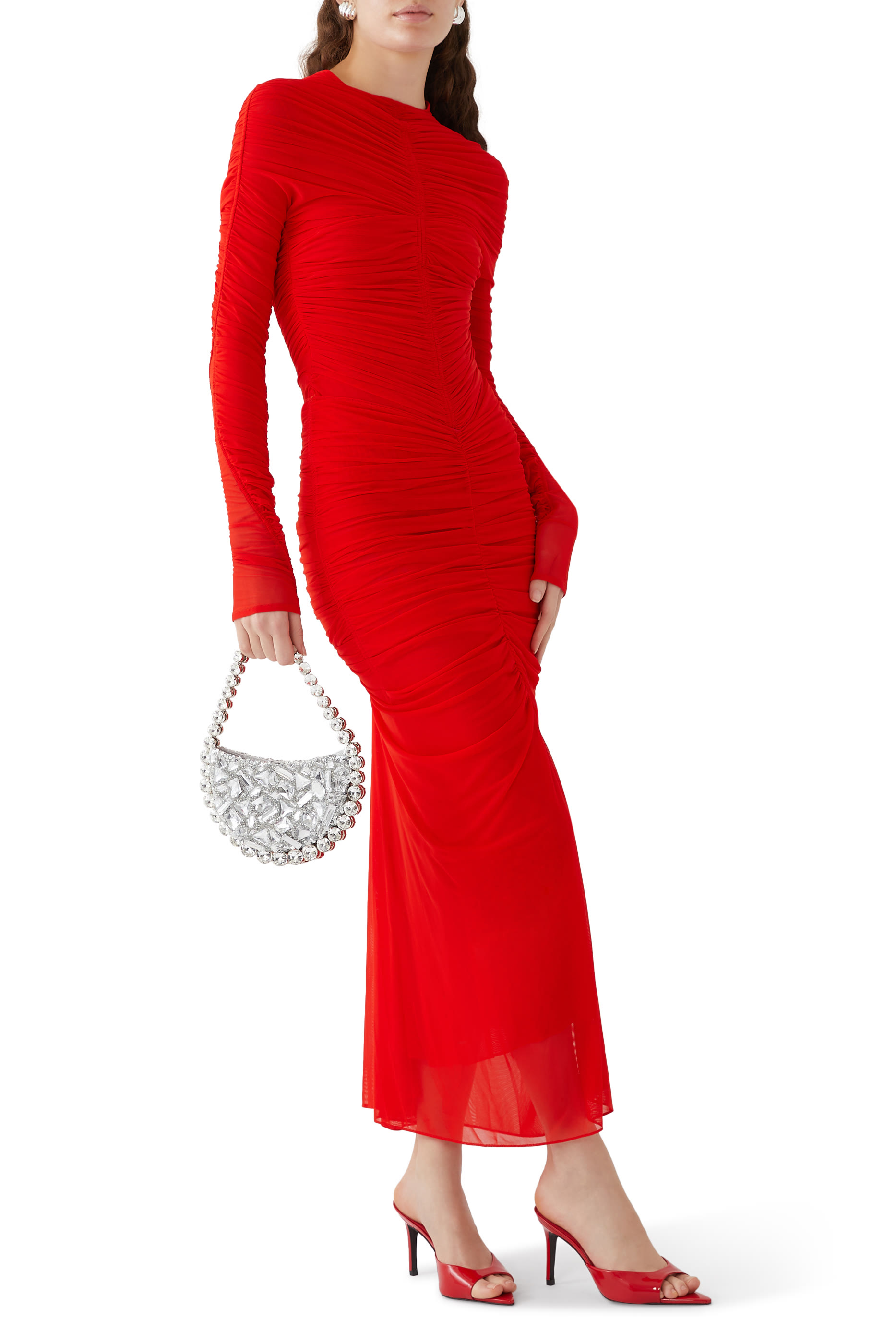 Ruched Mesh Midi Skirt