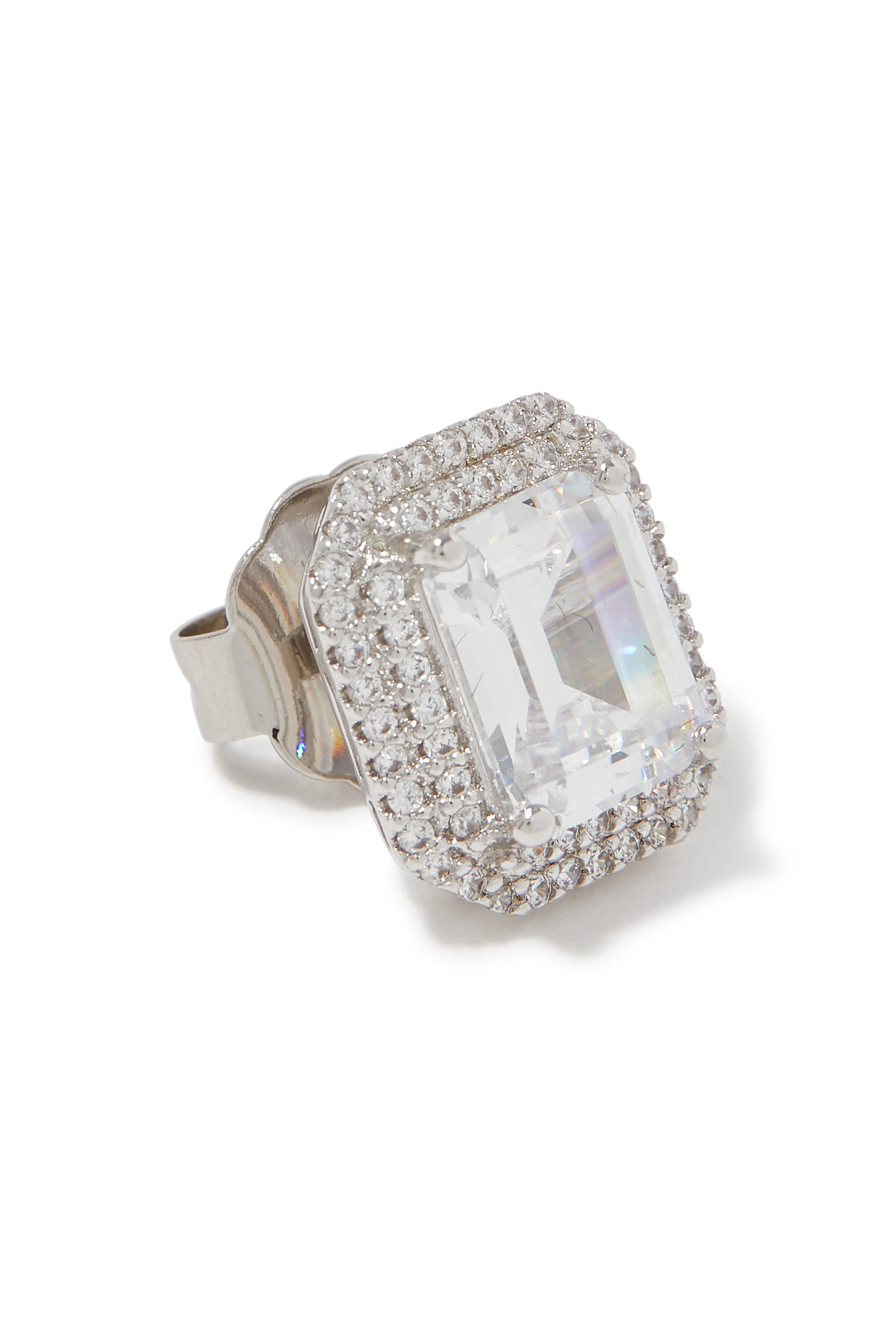 Emerald Double Halo Studs, Rhodium-Plated Brass & Cubic Zirconia