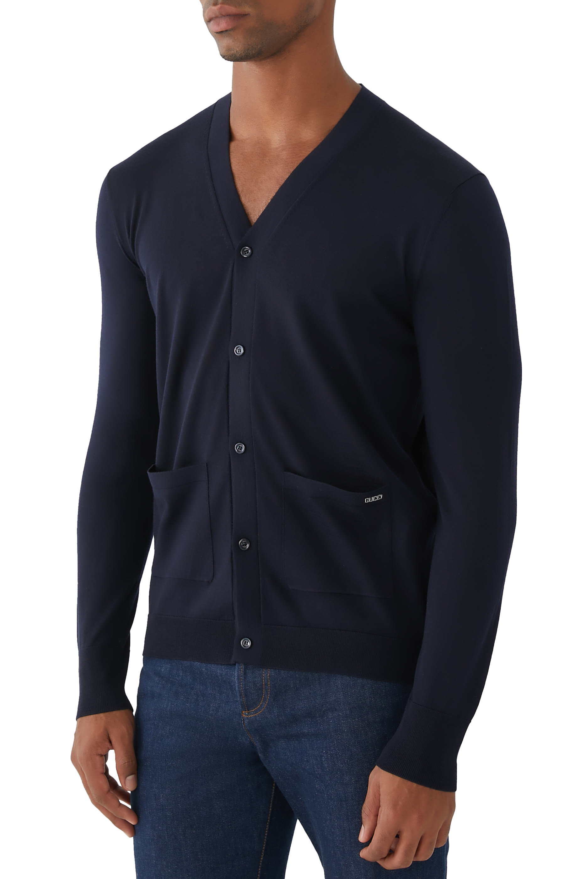 Fine Wool Knit Cardigan with Intarsia