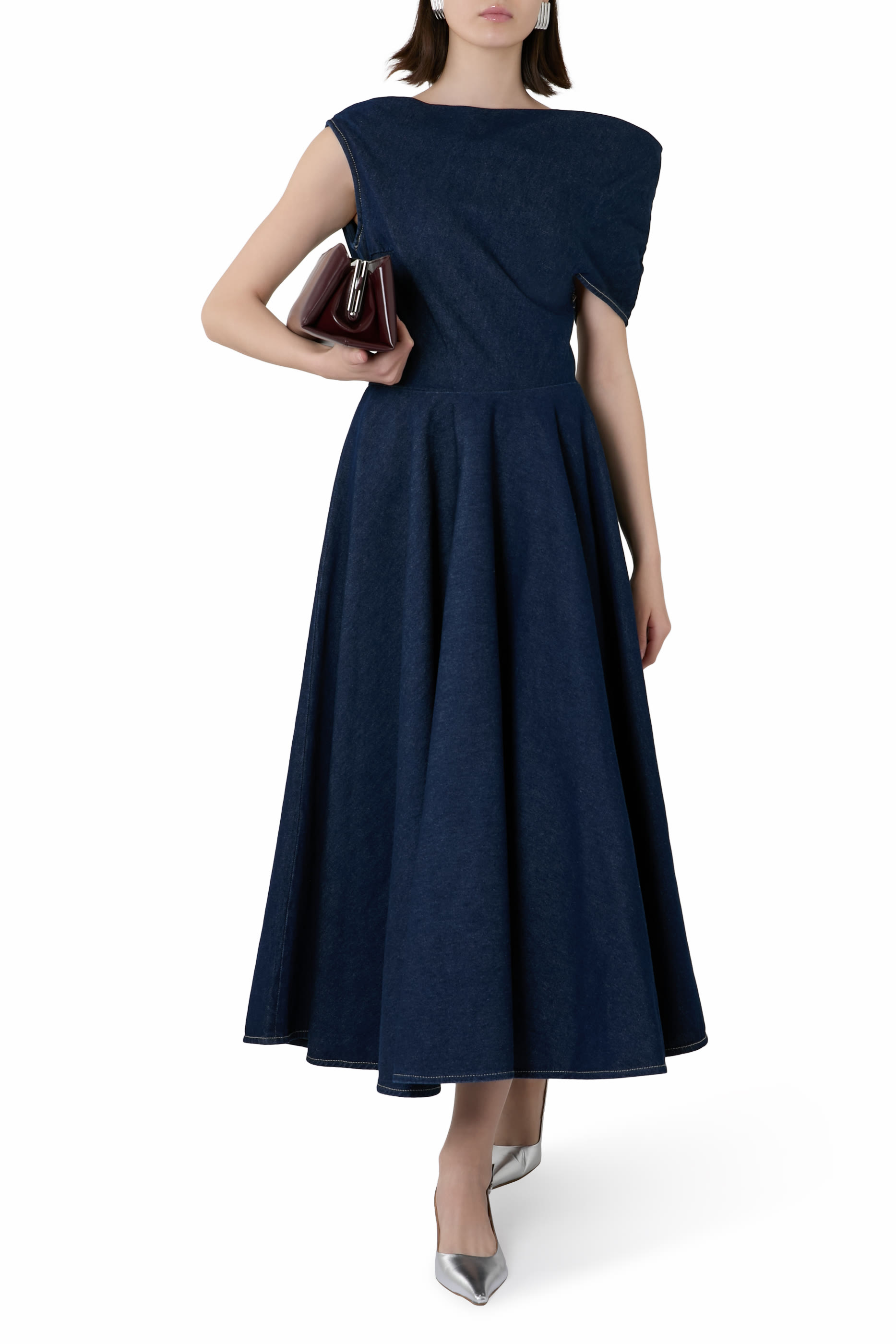 Indigo Denim Off-Shoulder Midi Dress 