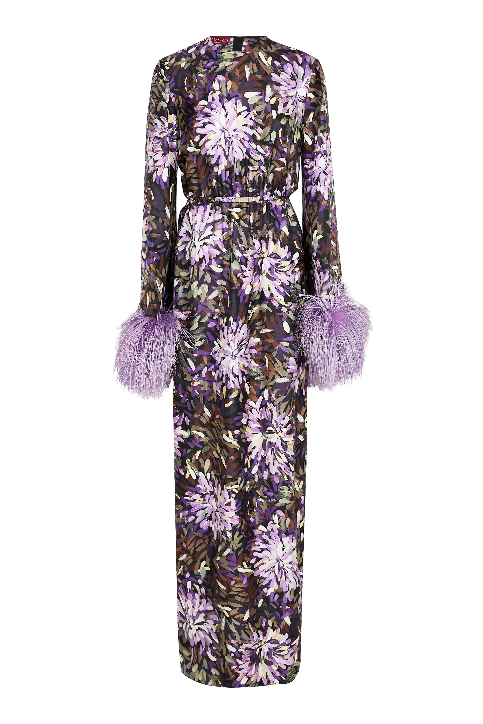 Printed Dress with Feather Cuffs