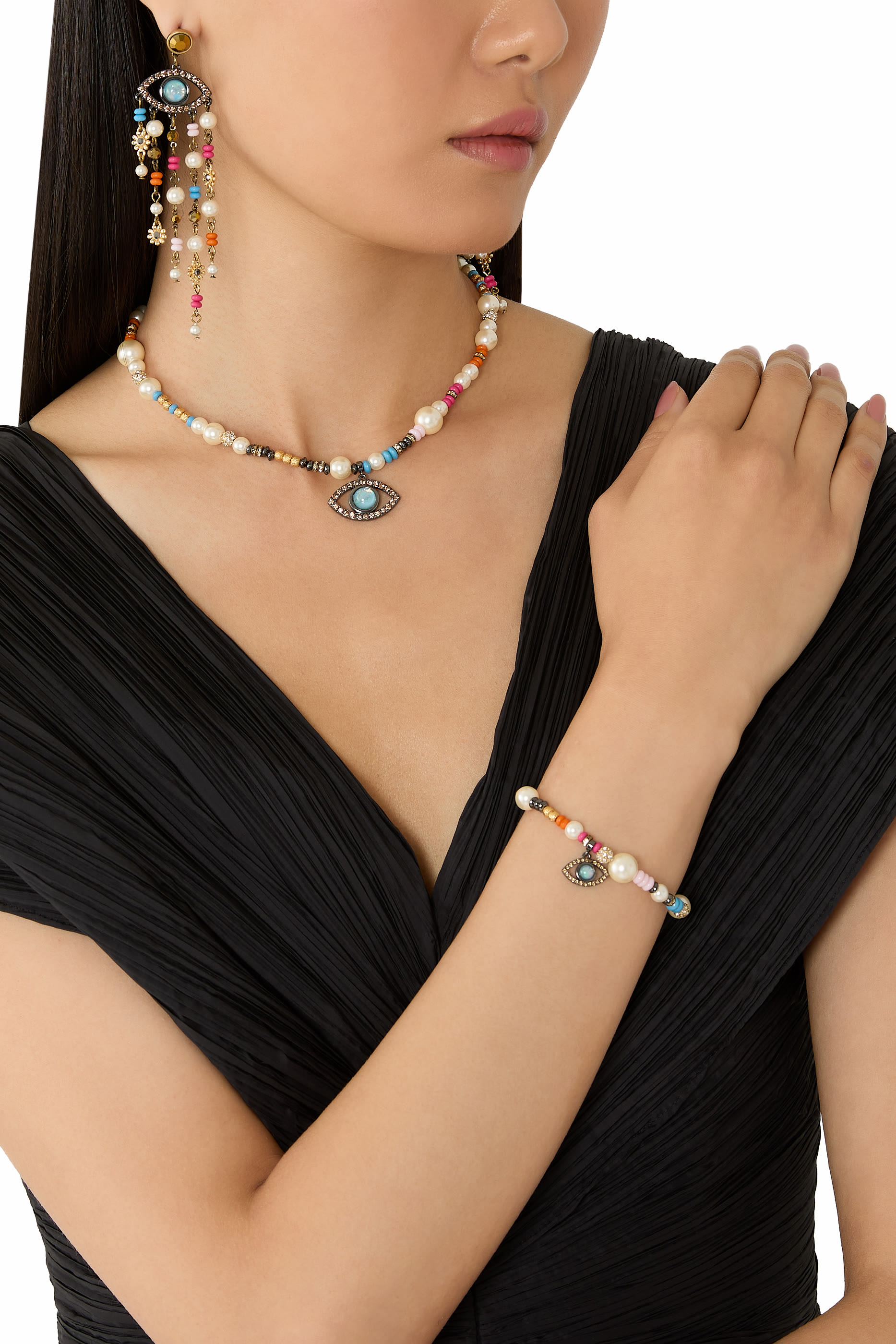 Evil Eye Charm Bead Bracelet, Brass & Acrylic Faux Pearl, Glass, Resin