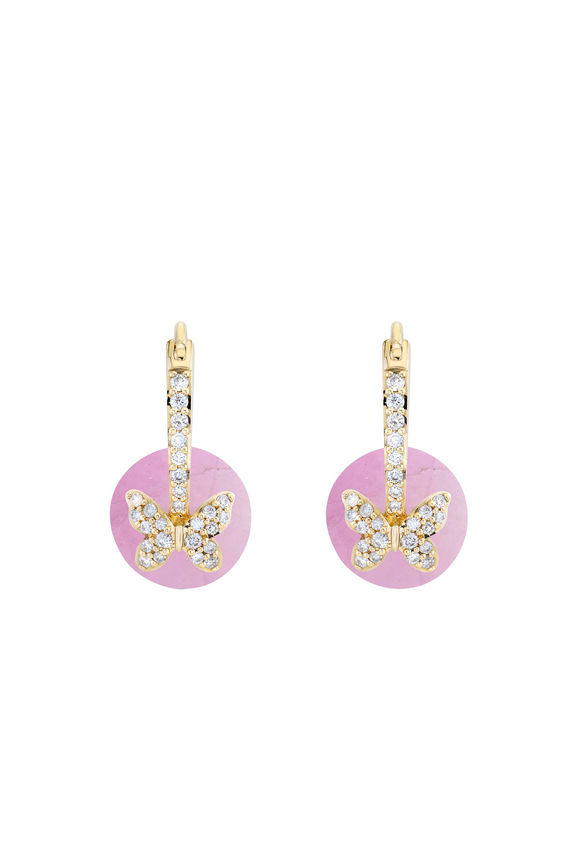 Butterfly Rose Quartz Earrings, 14K Yellow Gold, Diamonds & Rose Quartz