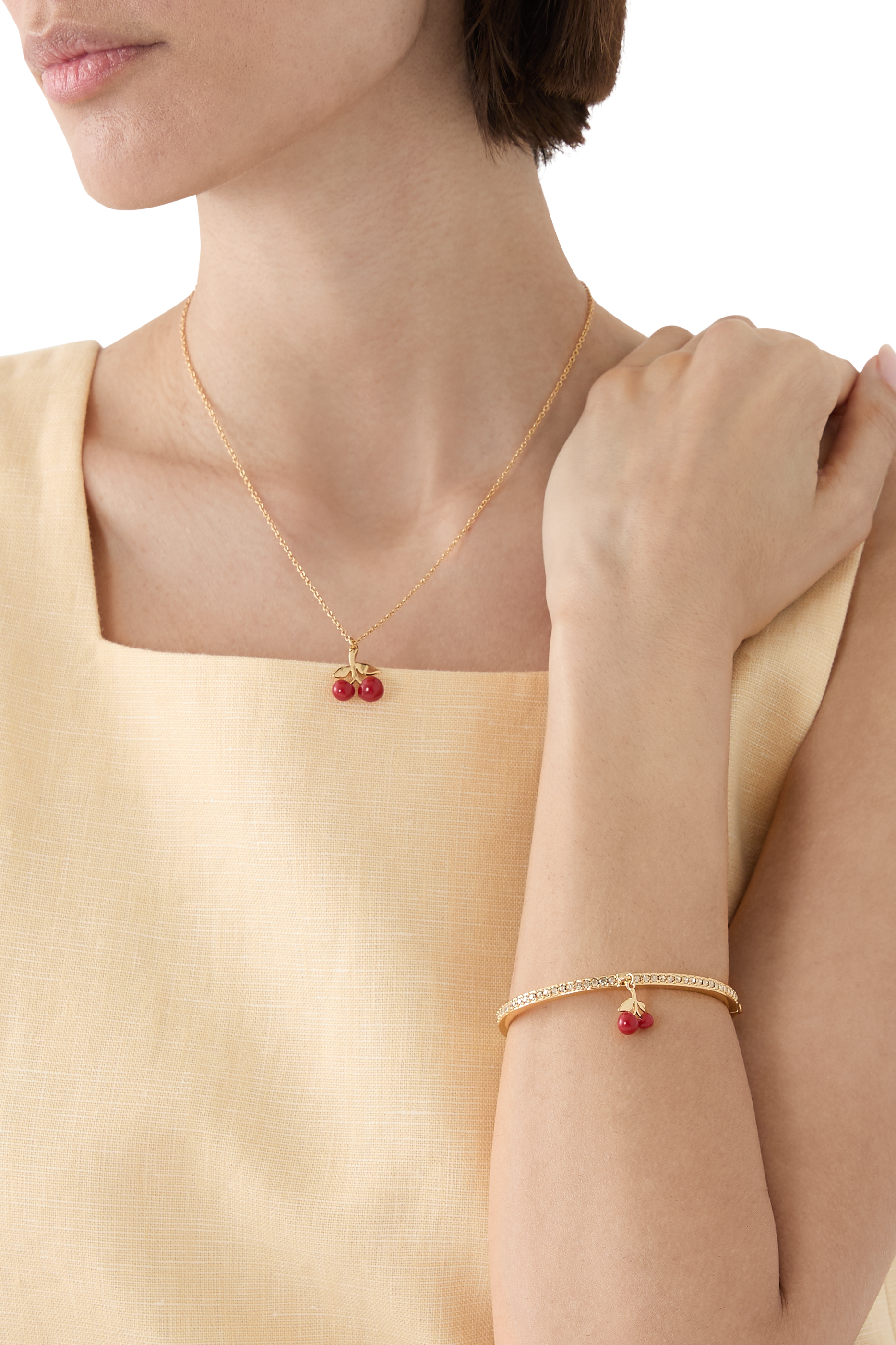 Cherry Cluster Charm Bangle Bracelet, Brass & Enamel, Glass Crystal