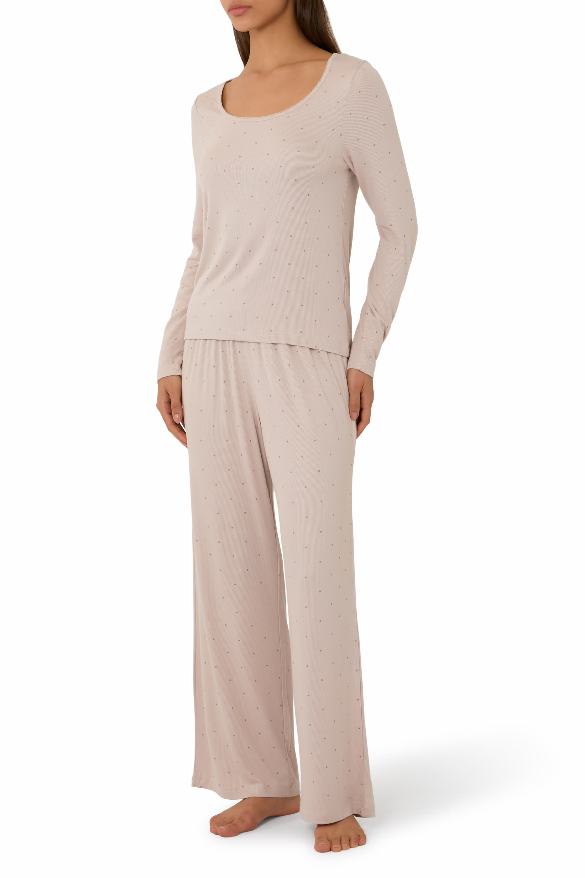 Jersey Fine Rib Scoop Neck Dot Pajama Set 