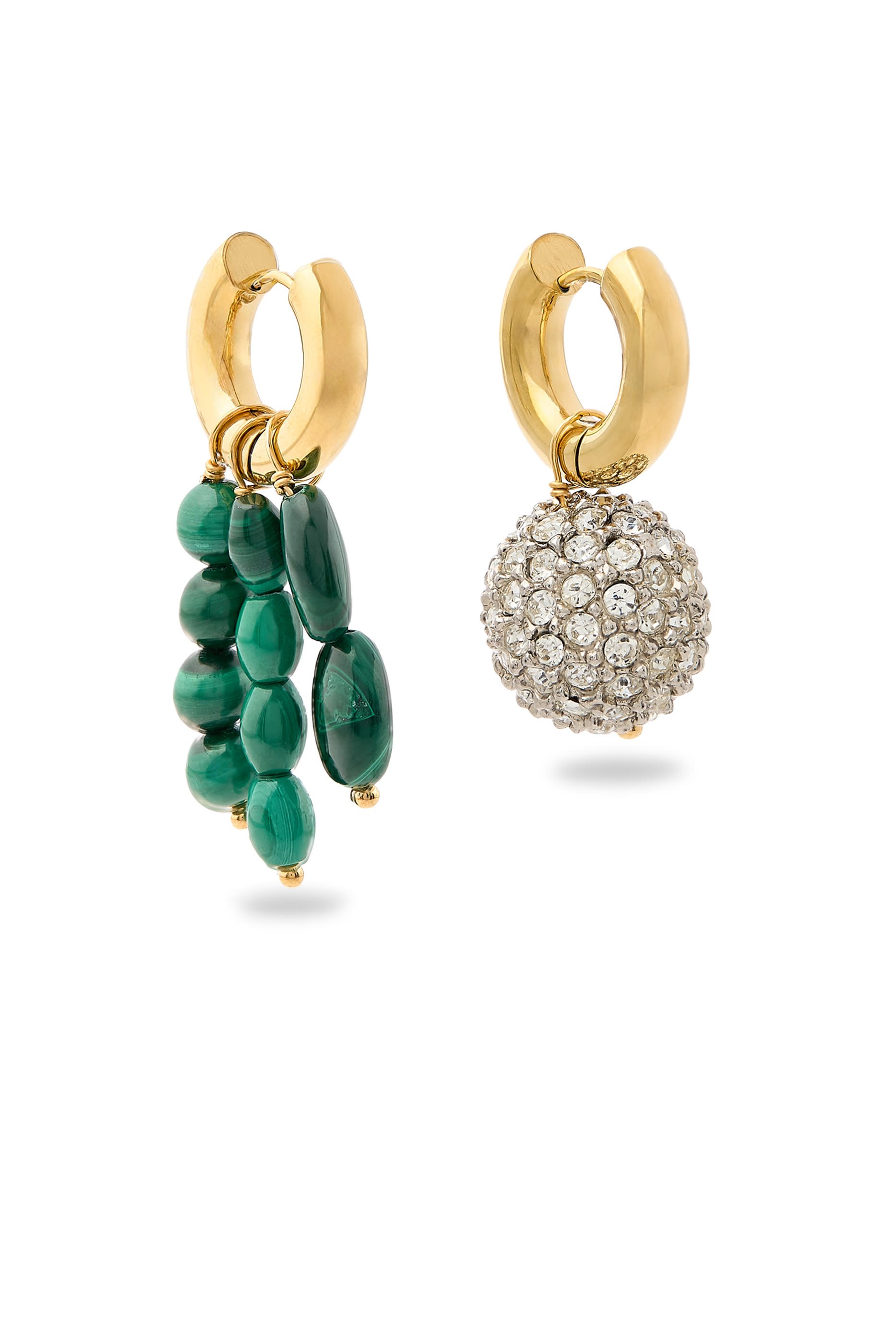 Mismatched Earrings,  24K Gold-Plated Brass with Strass & Malachite