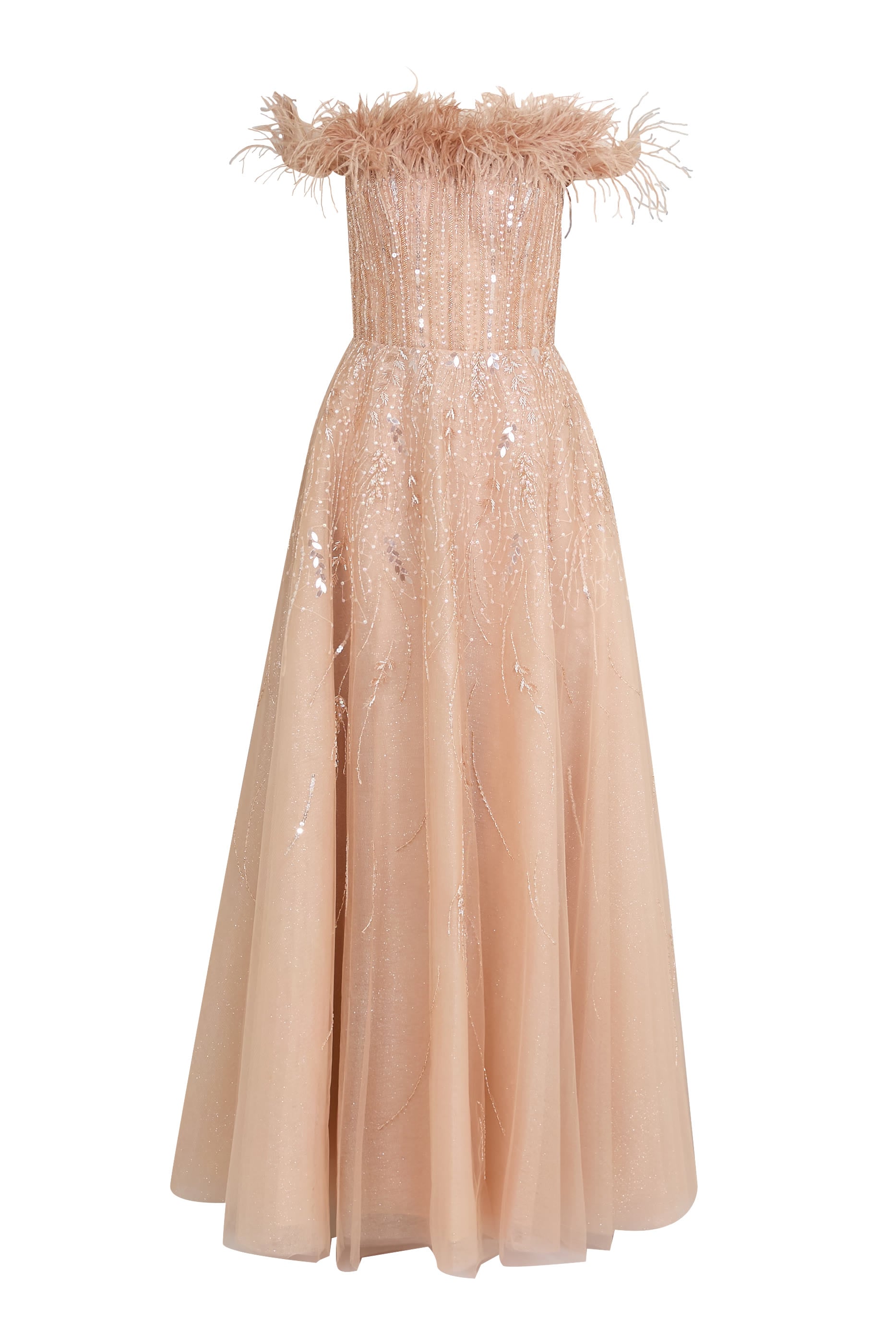 Feather Beaded Ball Gown