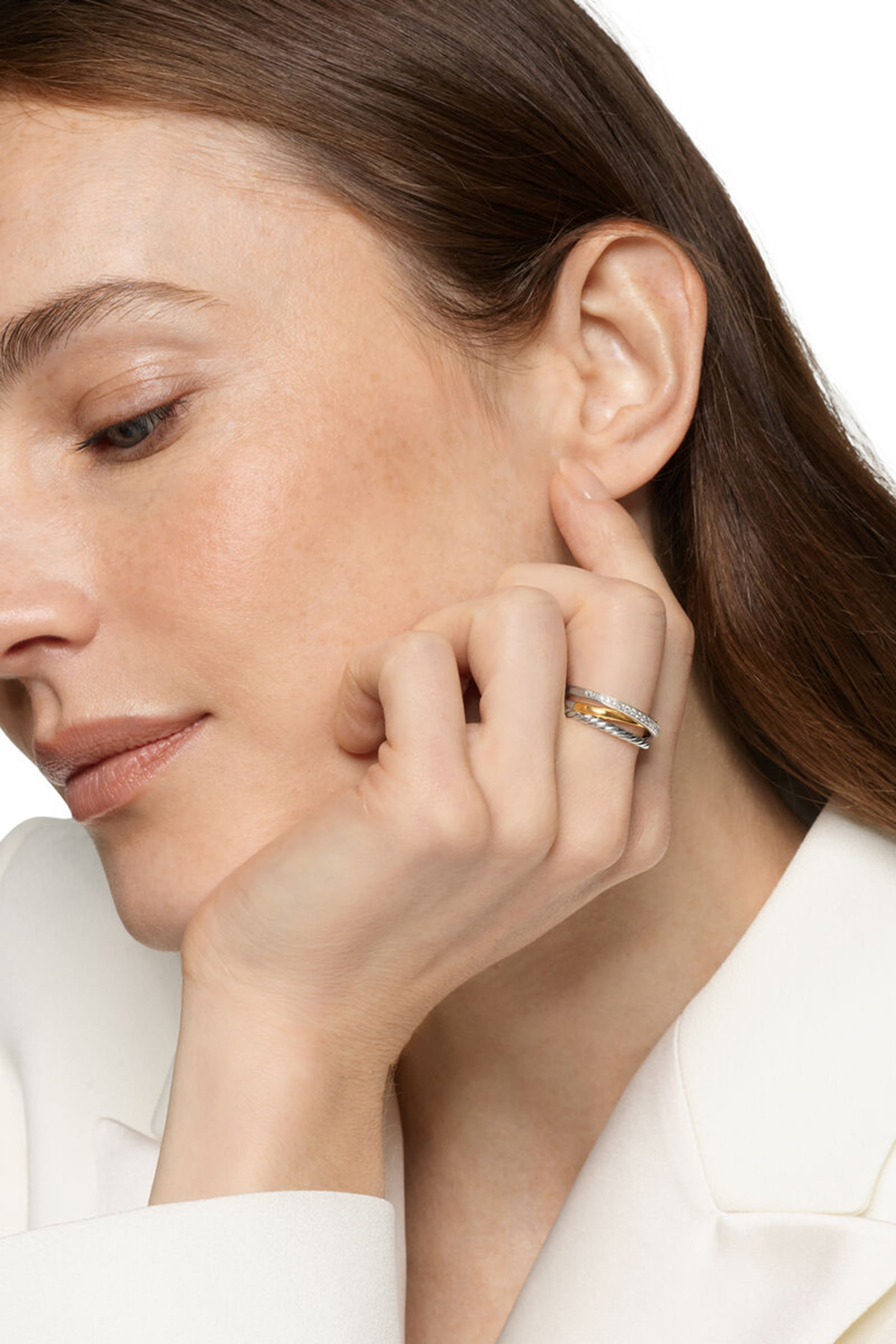 Crossover Three Row Ring, Sterling Silver with 18K Yellow Gold & Diamonds