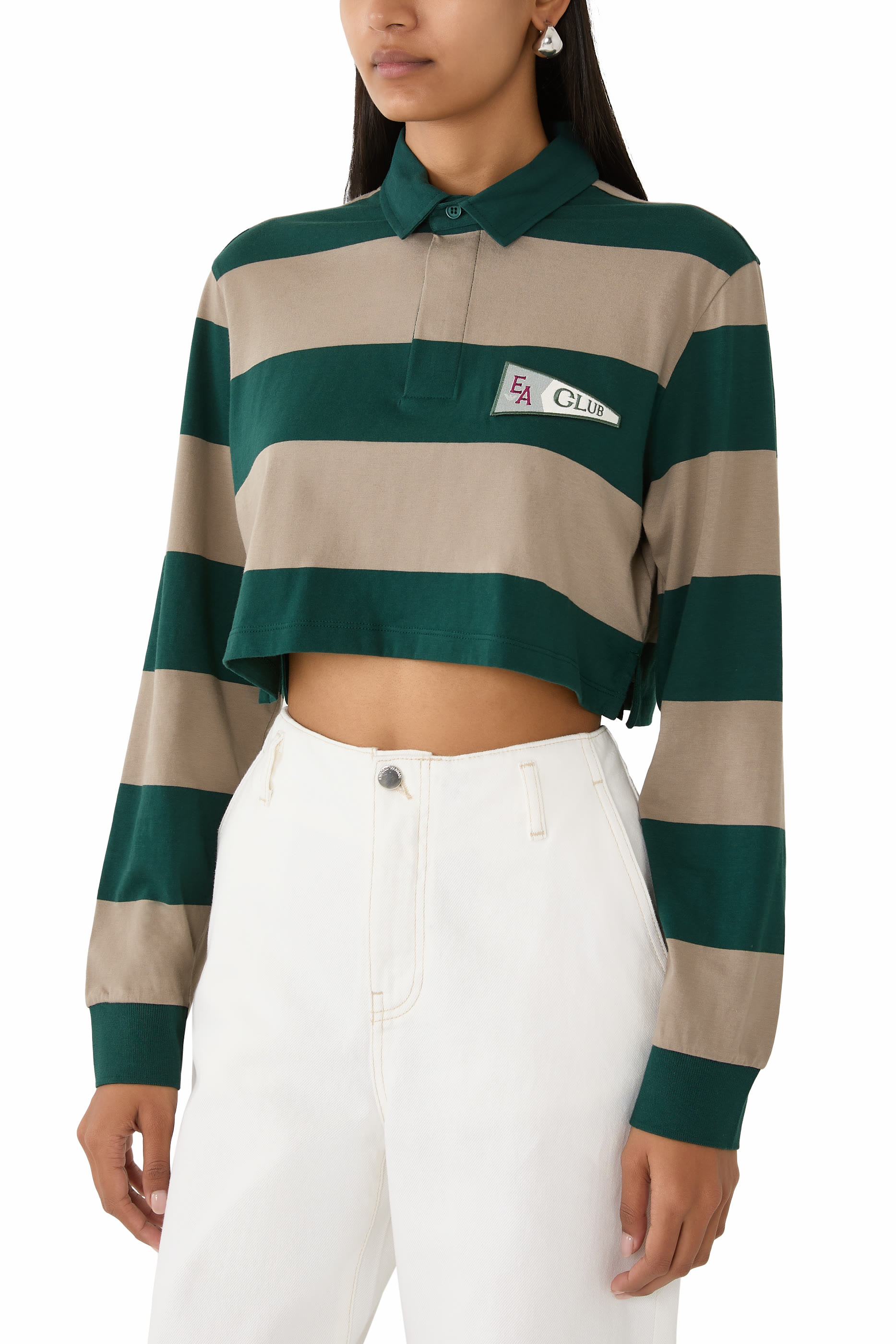 Cropped Polo Shirt in Maxi Striped Jersey with Eagle Club Patch