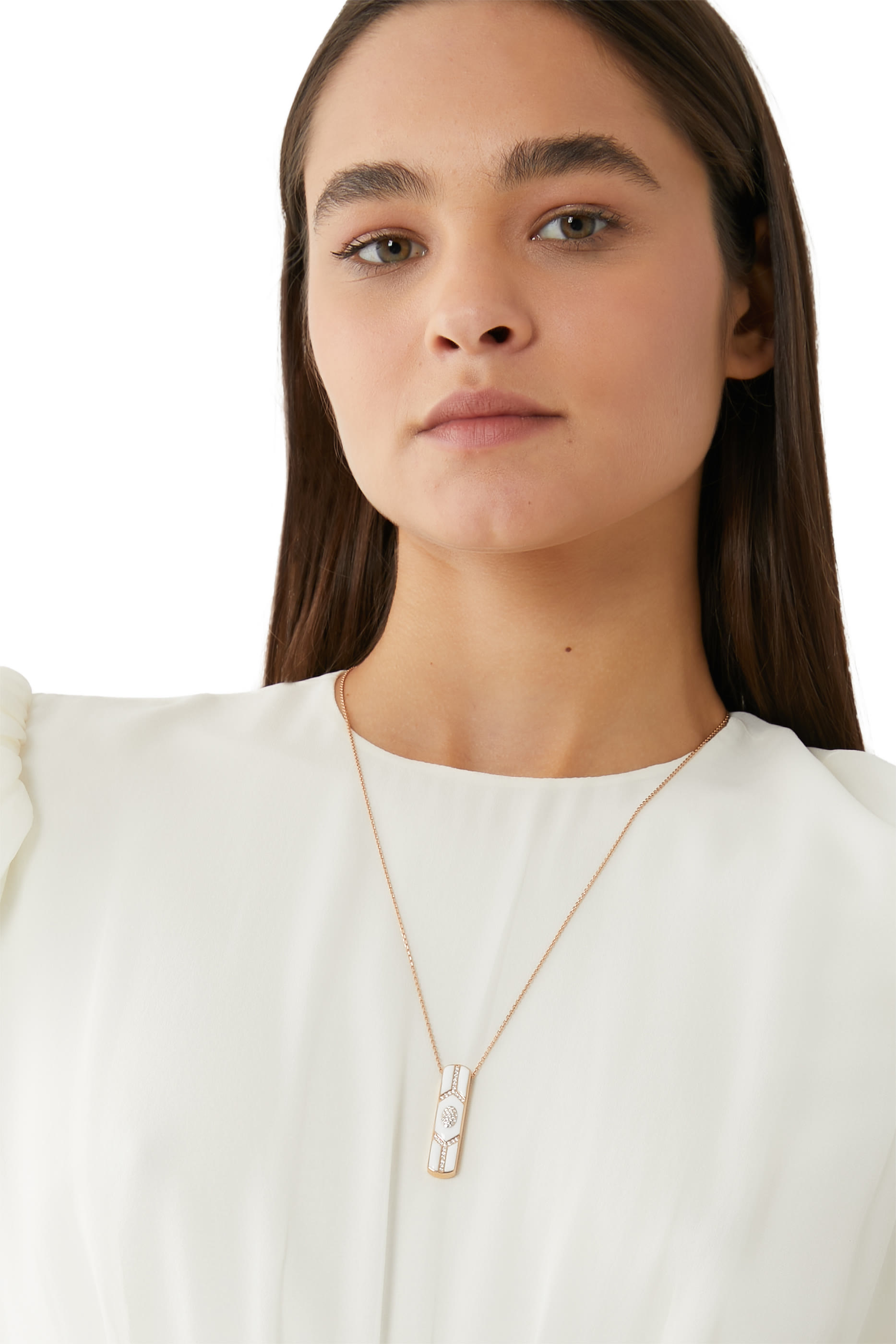 Shield Pendant, 18k Pink Gold with White Enamel & Diamonds