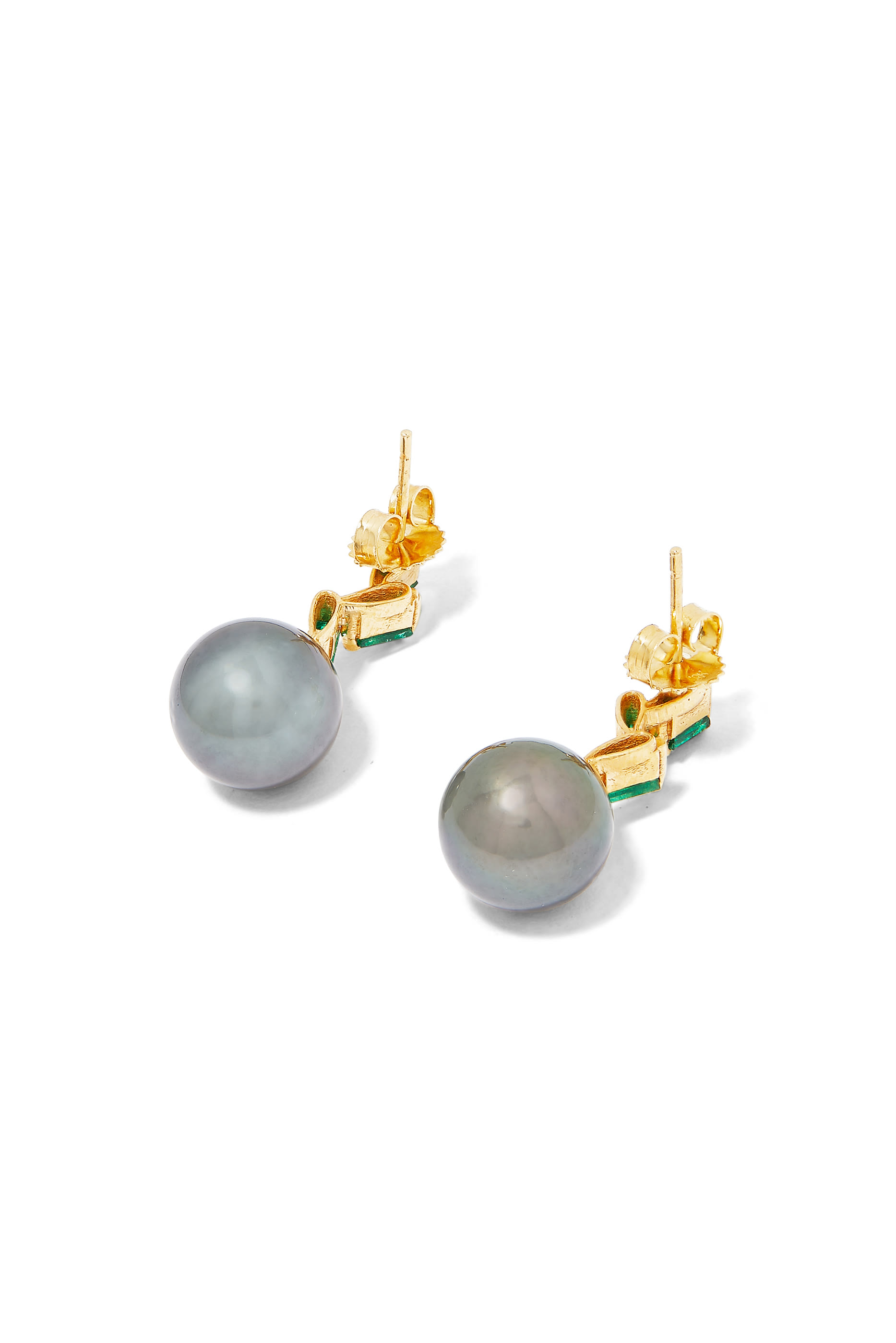 One of a Kind Earrings, 18k Yellow Gold with Emerald &  Tahitian Pearl