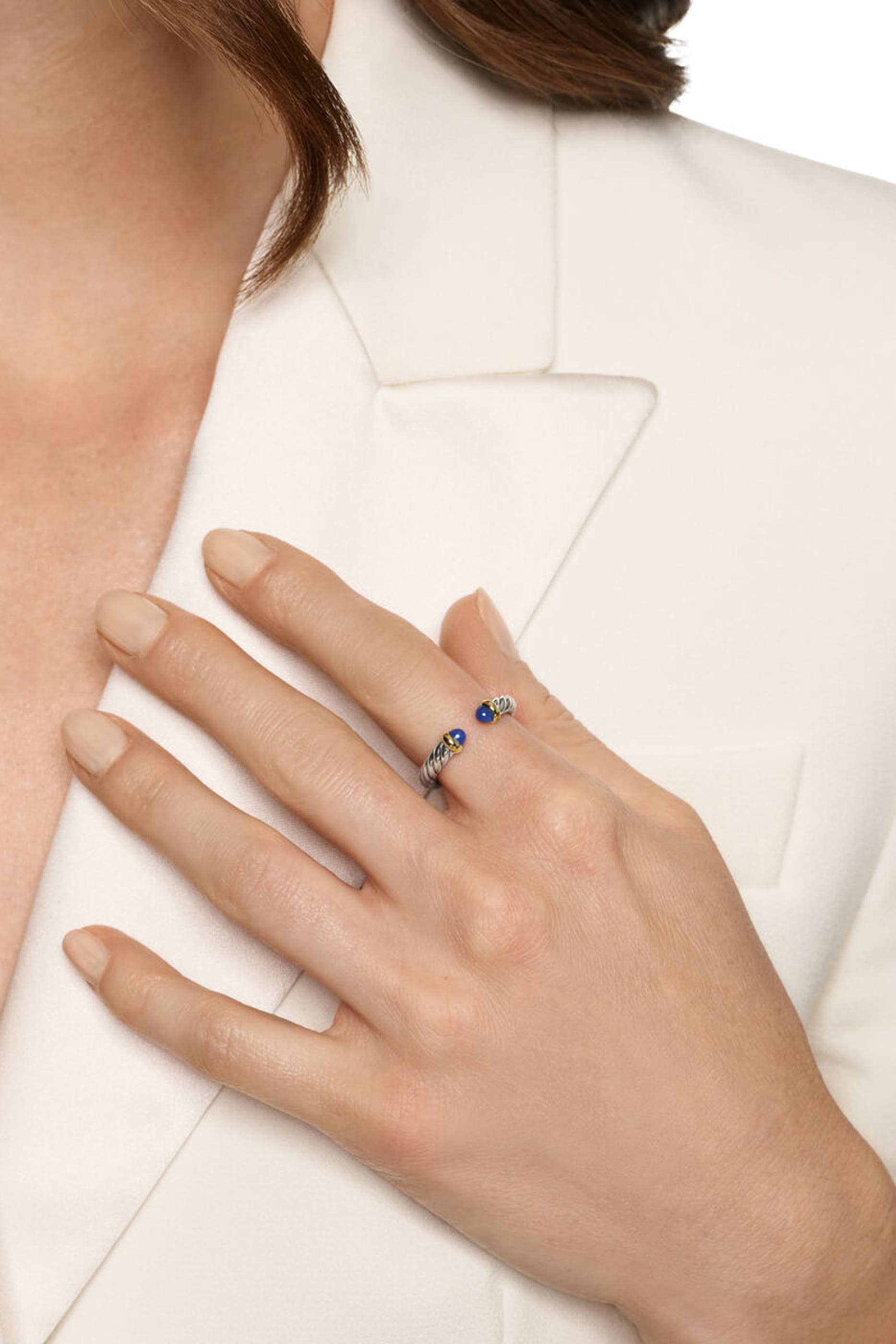 Petite Cable Open Ring, Sterling Silver, 14k Yellow Gold & Lapis